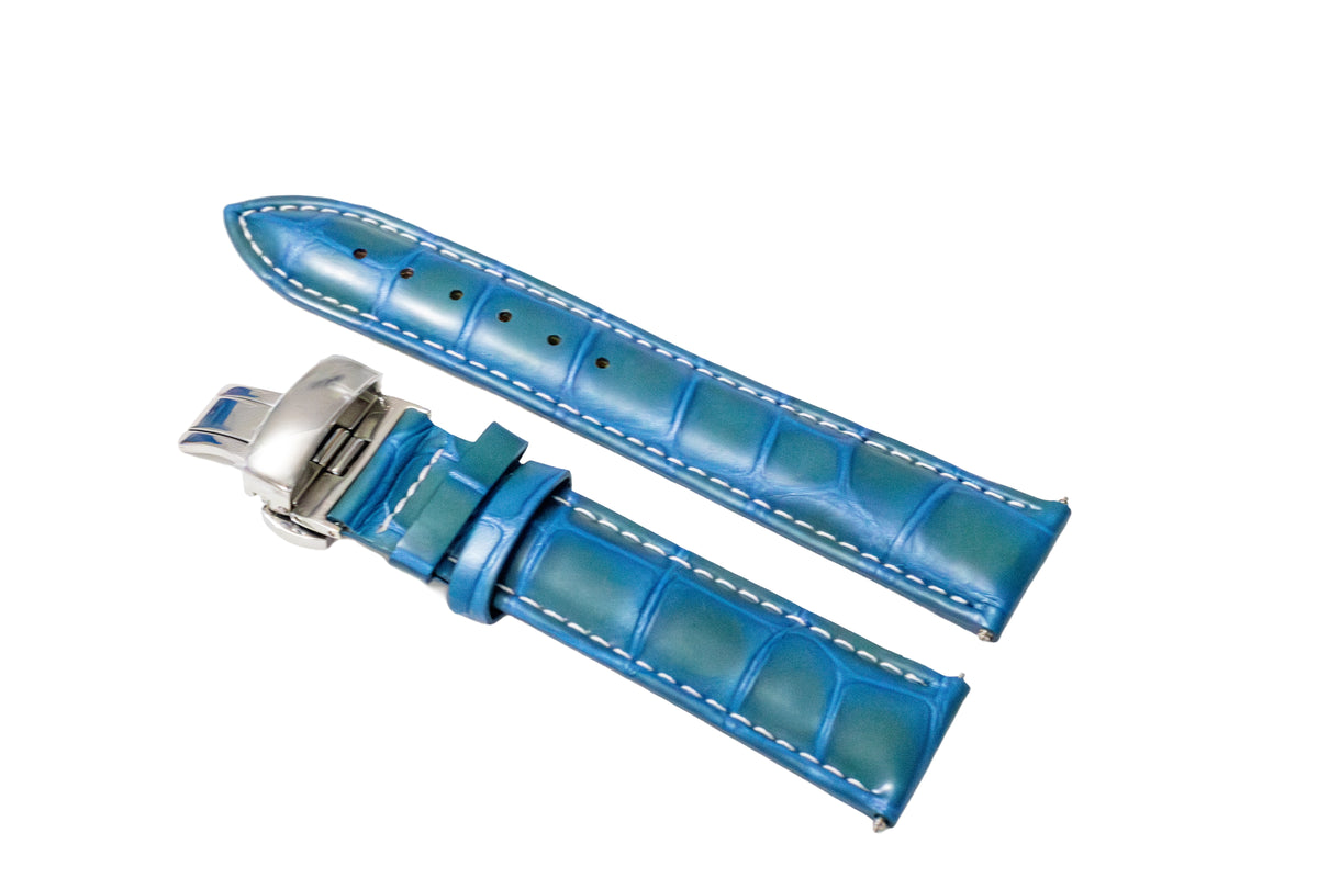 18-19-20,20-21-22-23-24MM LEATHER BAND STRAP DEPLOYMENT CLASP FOR BREITLING 3B, Light Blue White Stitching, view 2