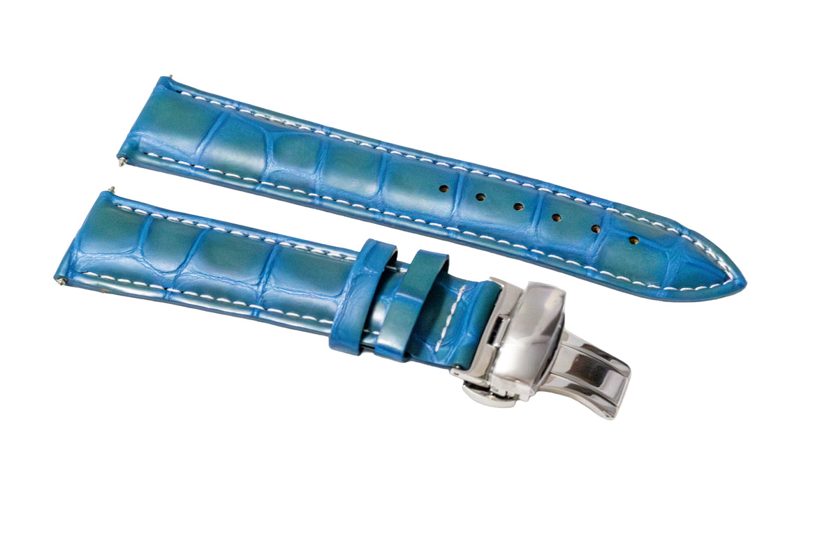 18-19-20,20-21-22-23-24MM LEATHER BAND STRAP DEPLOYMENT CLASP FOR BREITLING 3B, Light Blue White Stitching, view 3