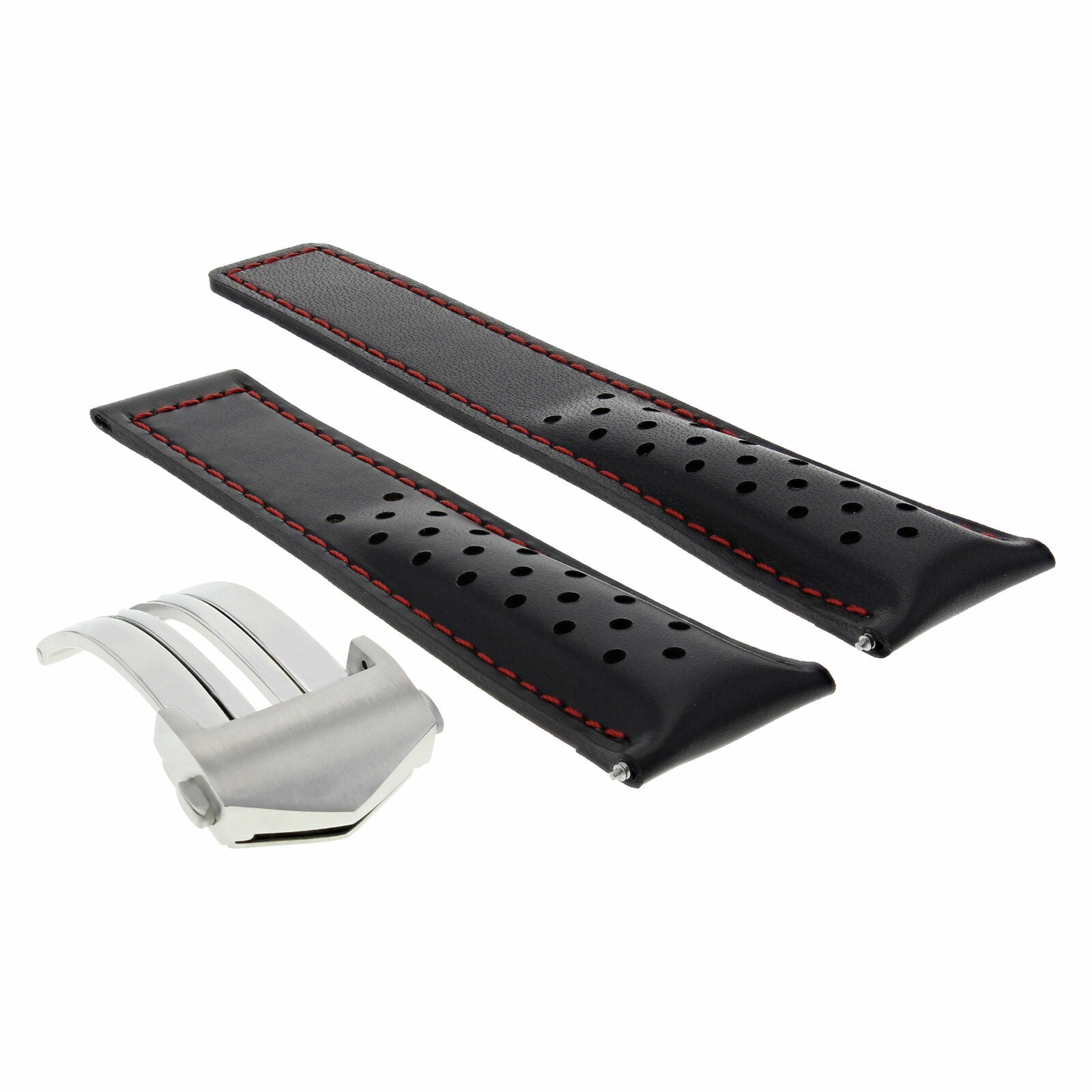 LEATHER WATCH BAND STRAP DEPLOYMENT 20MM FOR TAG HEUER CARRERA BLACK RED STITCH