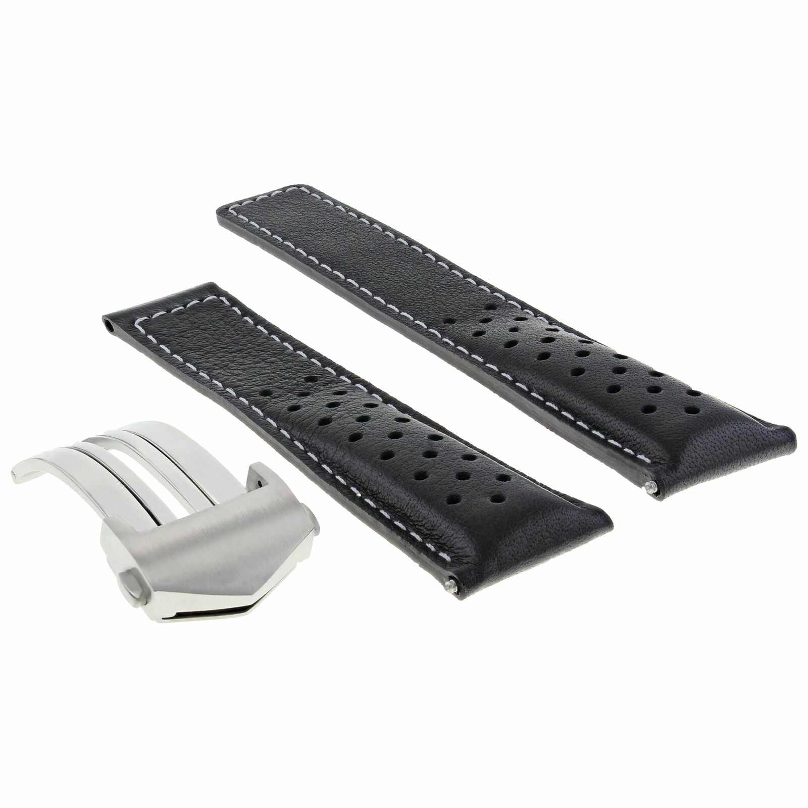 LEATHER WATCH BAND STRAP CLASP 19MM FOR TAG HEUER CARRERA TWIN BLACK WS PERFORAT