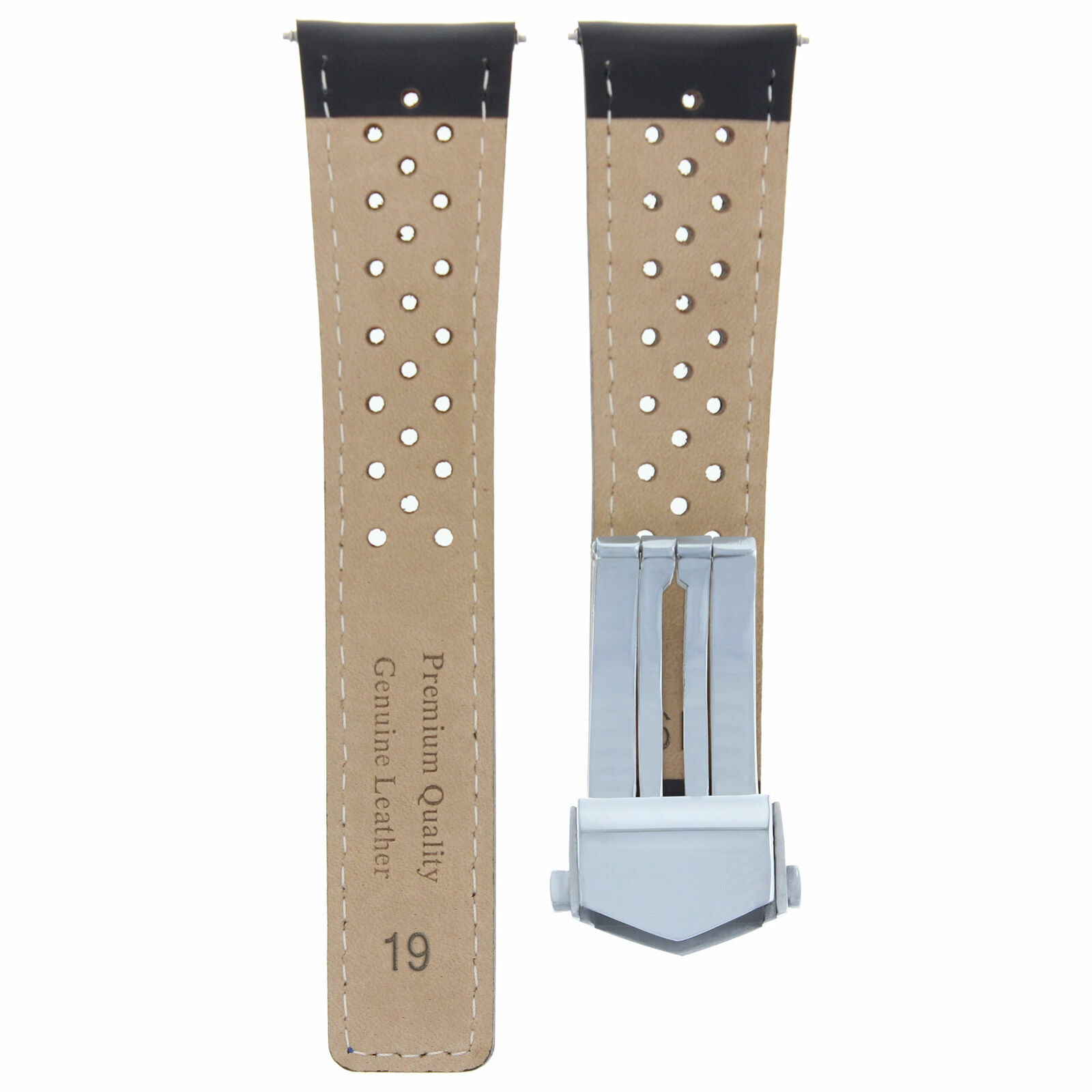 LEATHER WATCH BAND STRAP CLASP 19MM FOR TAG HEUER CARRERA TWIN BLACK WS PERFORAT