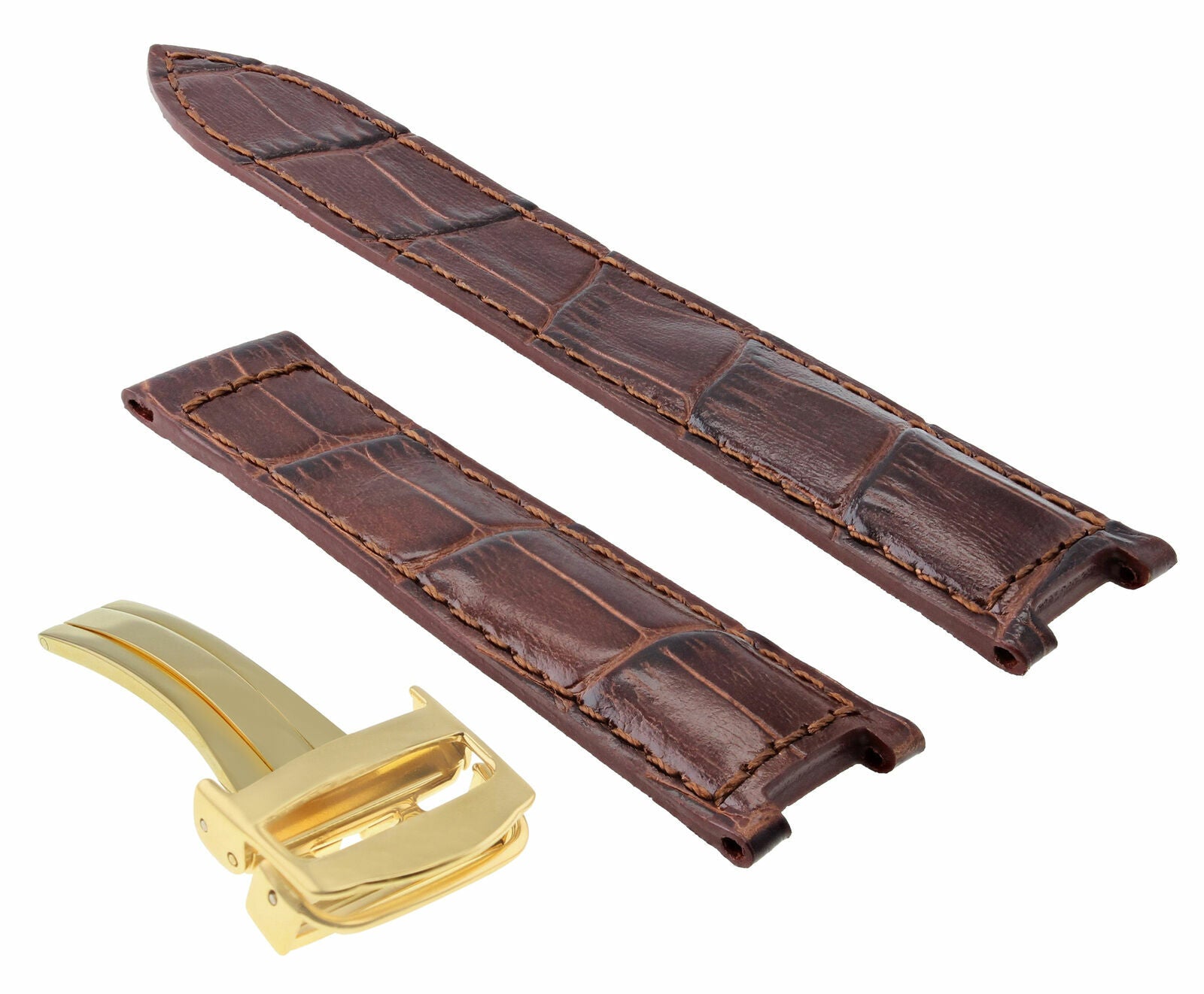 LEATHER WATCH BAND STRAP FOR CARTIER PASHA 20MM BROWN DEPLOYMENT CLASP GOLD