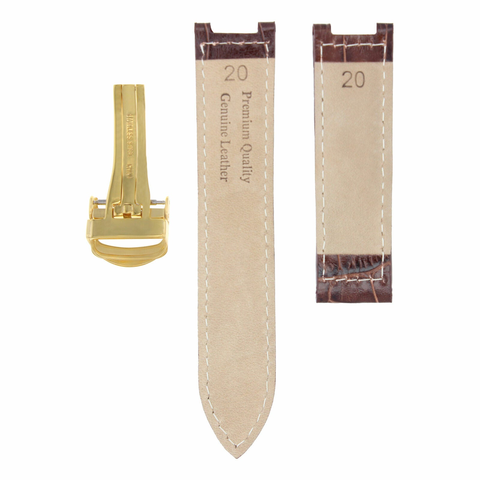 LEATHER WATCH BAND STRAP FOR CARTIER PASHA 20MM BROWN DEPLOYMENT CLASP GOLD