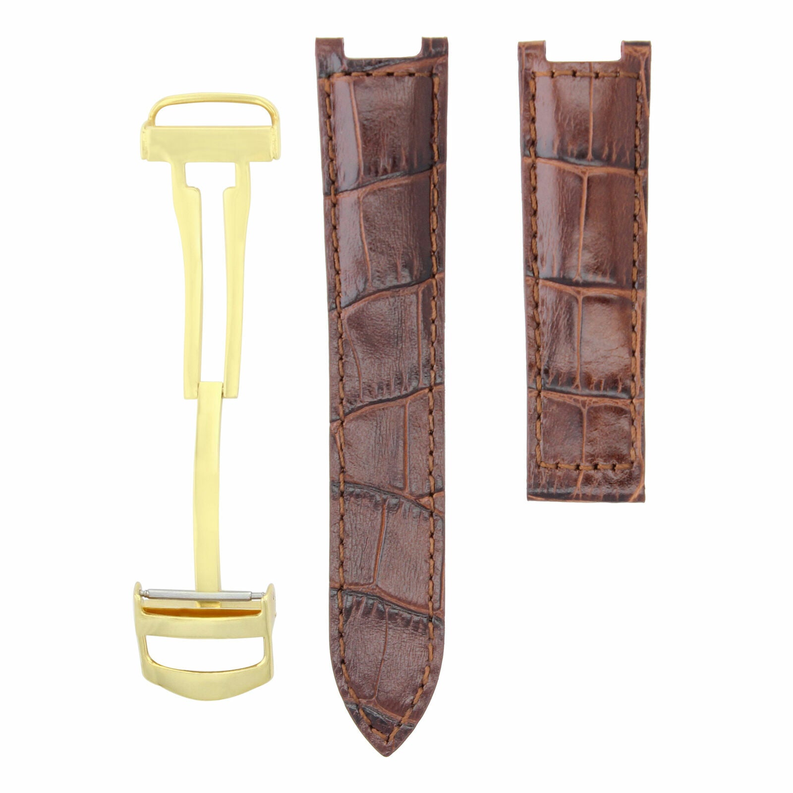 LEATHER WATCH BAND STRAP FOR CARTIER PASHA 20MM BROWN DEPLOYMENT CLASP GOLD