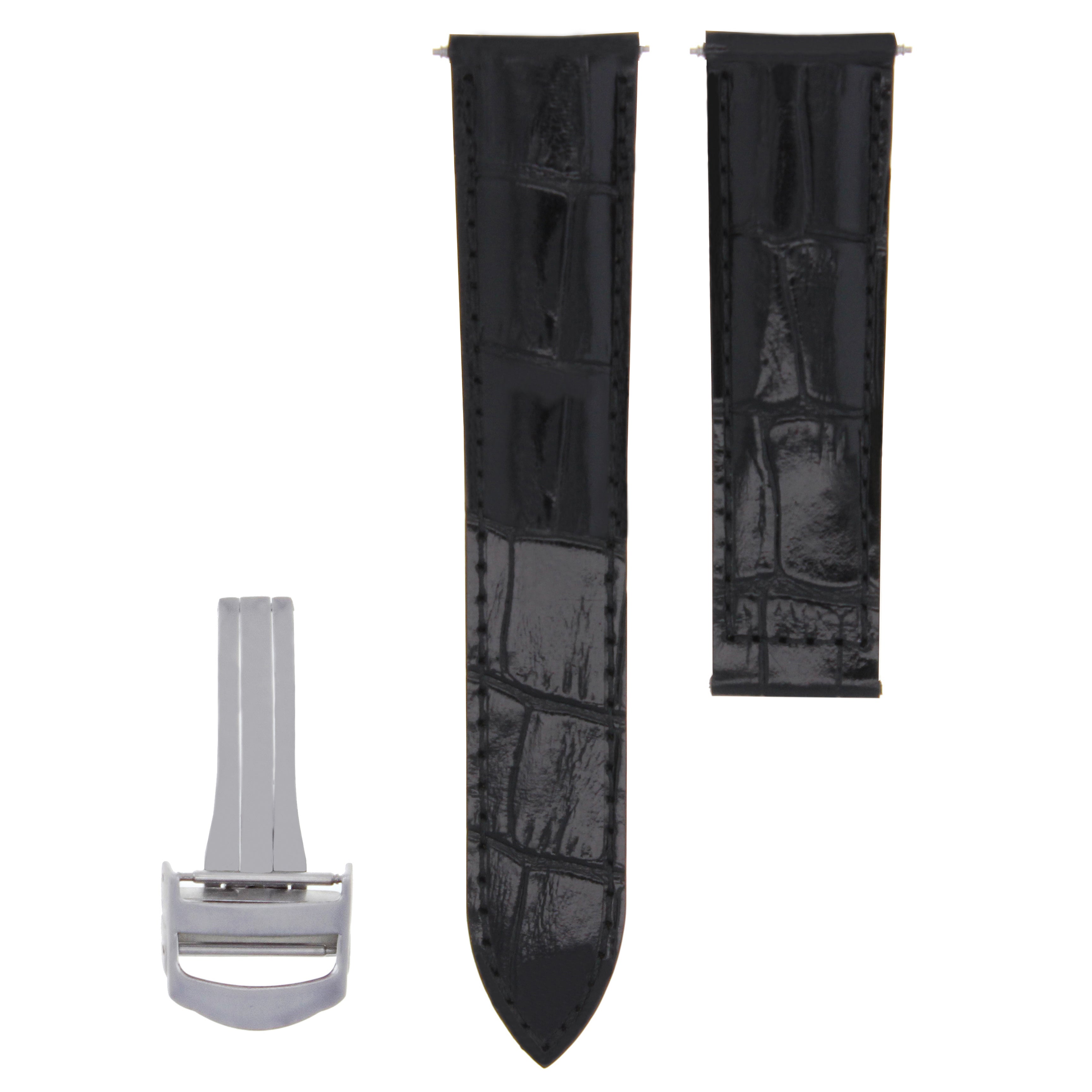 LEATHER BAND STRAP FOR CARTIER TANK WATCH DEPLOYMENT BUCKLE CLASP 20/18 BLACK