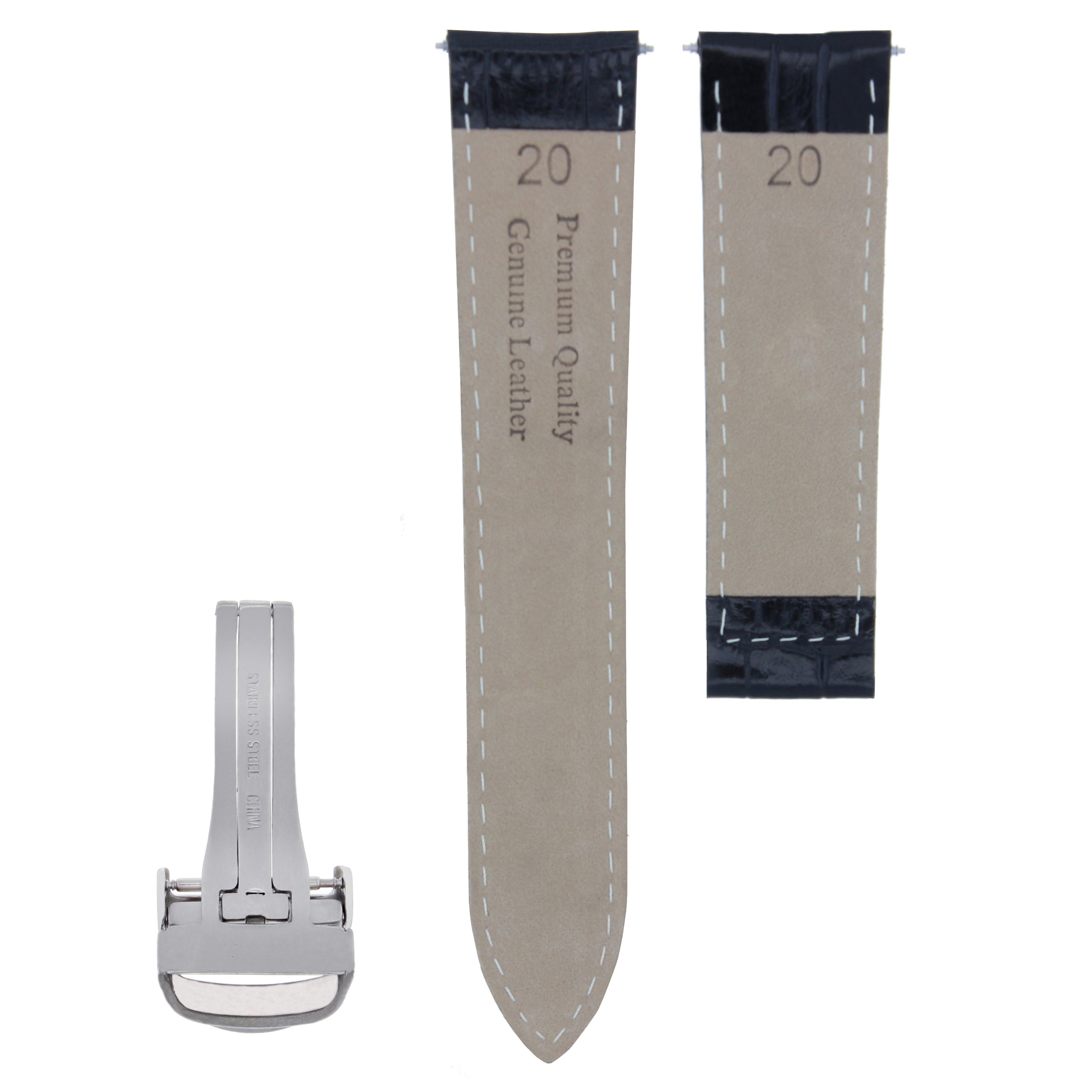 LEATHER BAND STRAP FOR CARTIER TANK WATCH DEPLOYMENT BUCKLE CLASP 20/18 BLACK