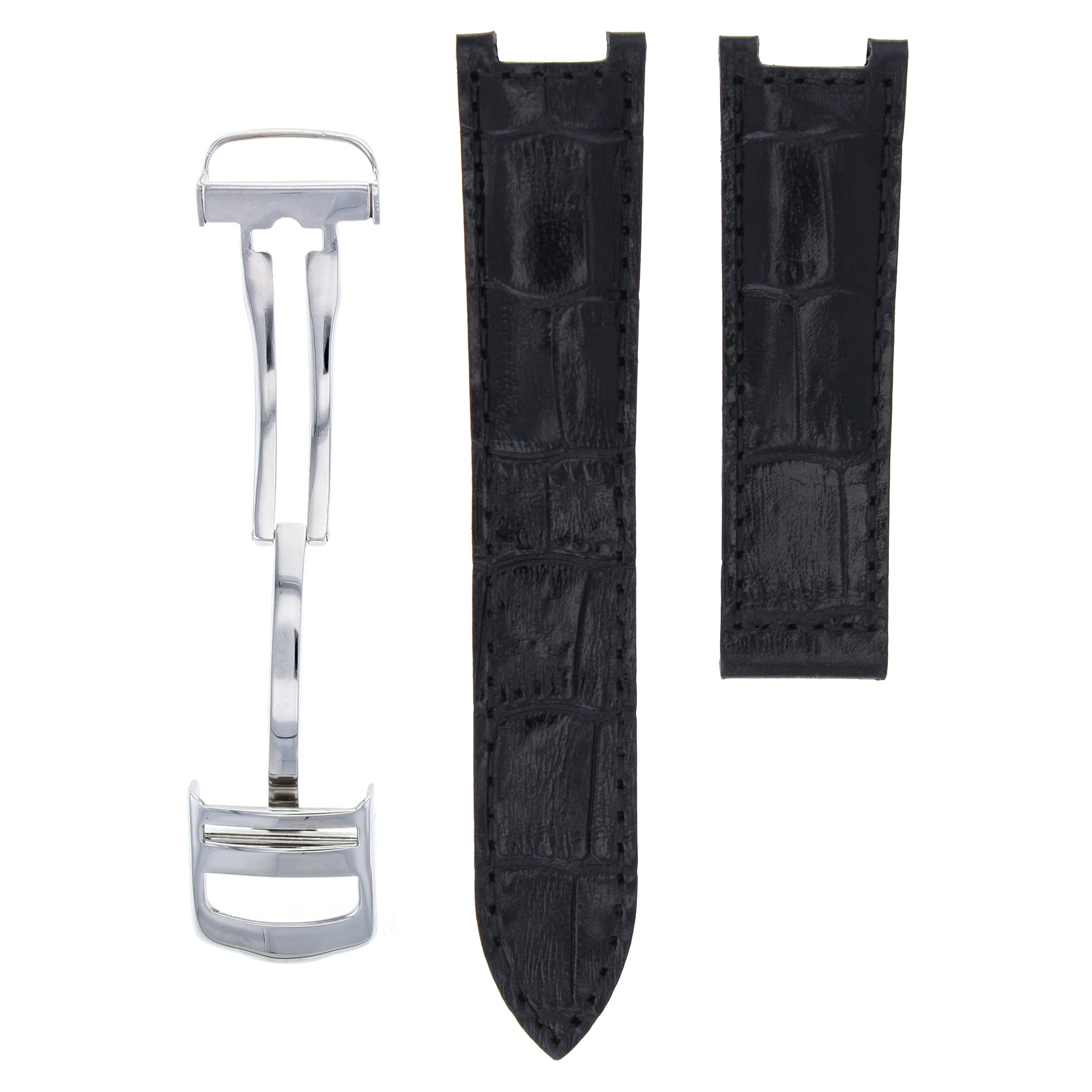 GENUINE LEATHER WATCH BAND STRAP CLASP FOR FIT 38MM CARTIER PASHA 20MM BLACK SS
