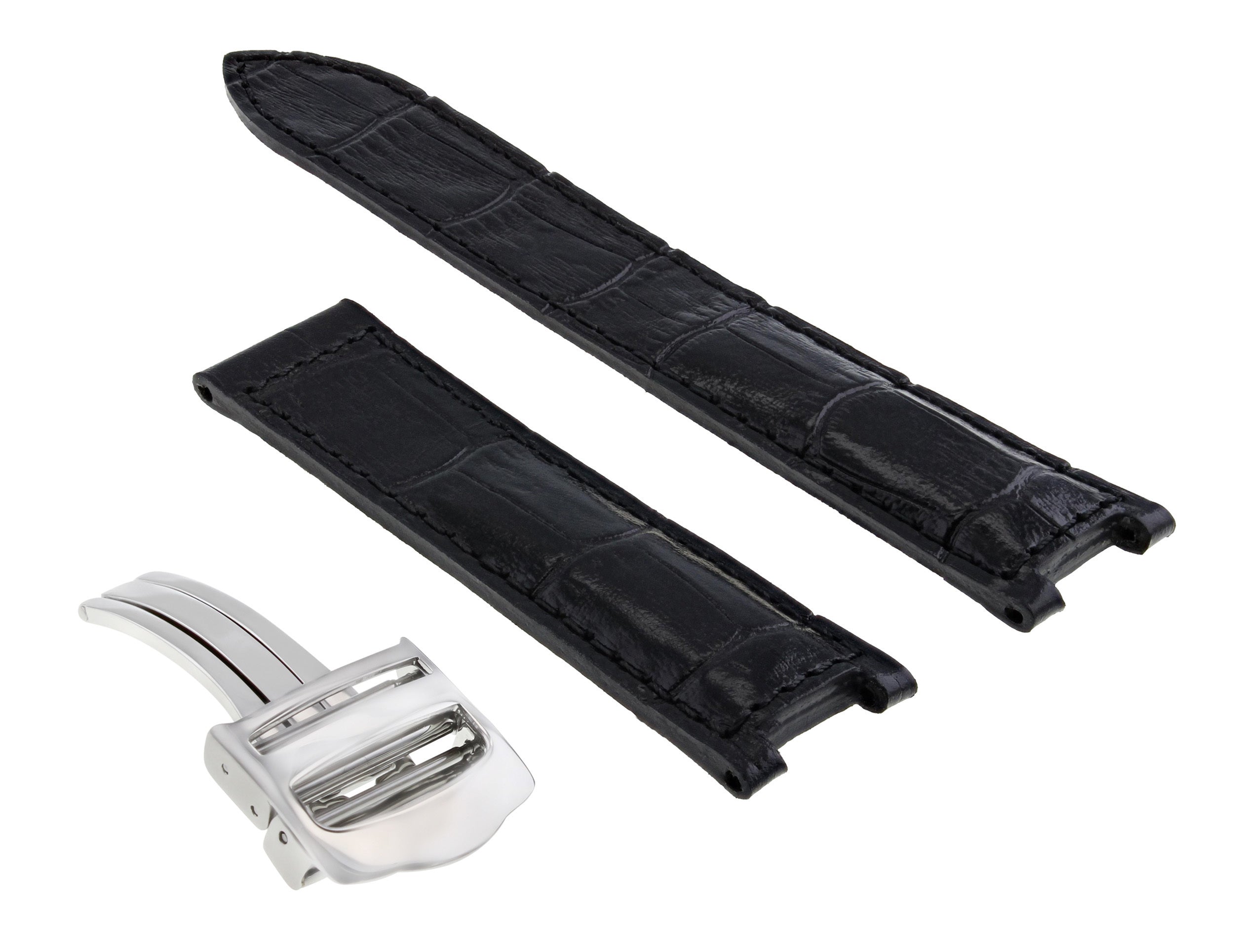 GENUINE LEATHER WATCH BAND STRAP CLASP FOR FIT 38MM CARTIER PASHA 20MM BLACK SS