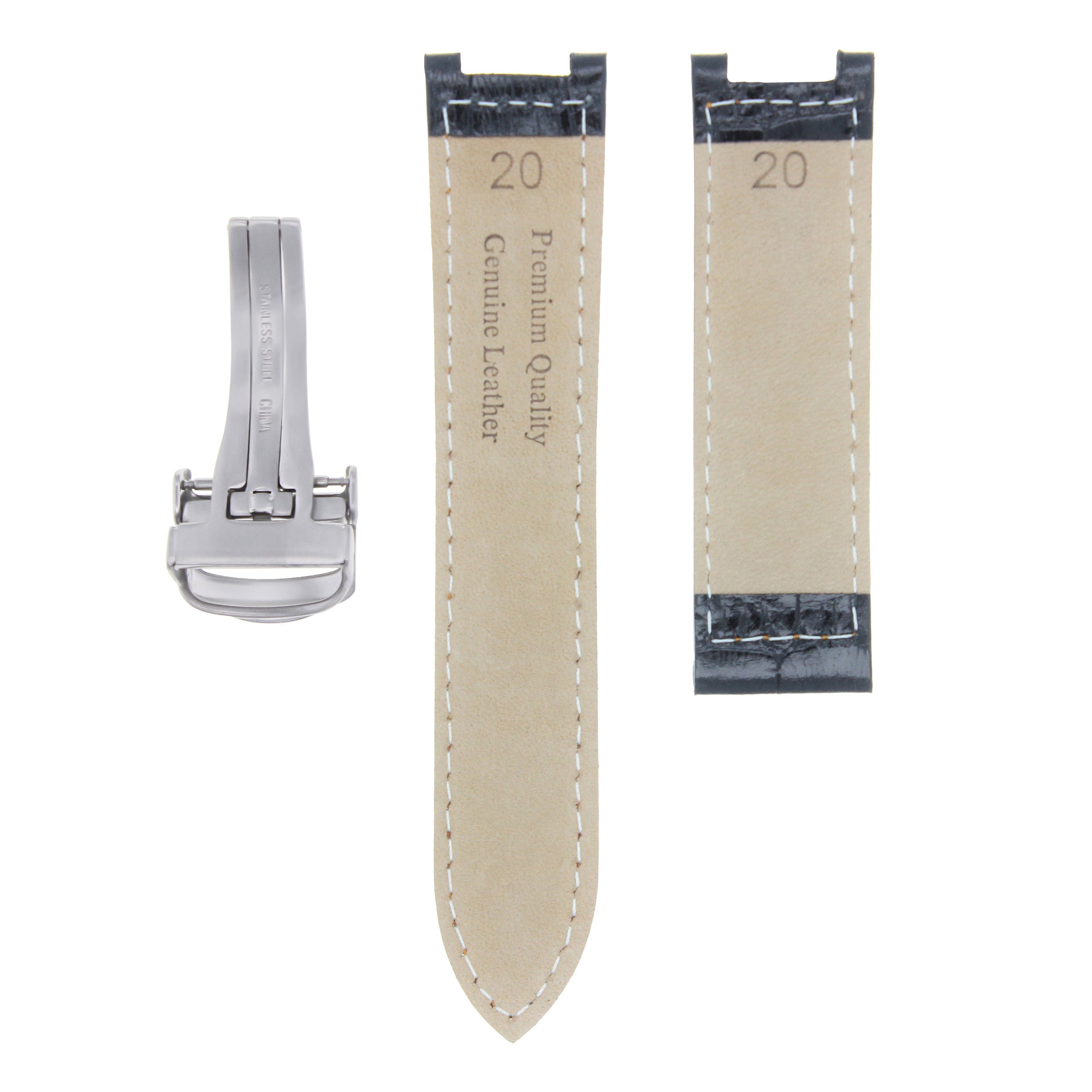 GENUINE LEATHER WATCH BAND STRAP CLASP FOR FIT 38MM CARTIER PASHA 20MM BLACK SS