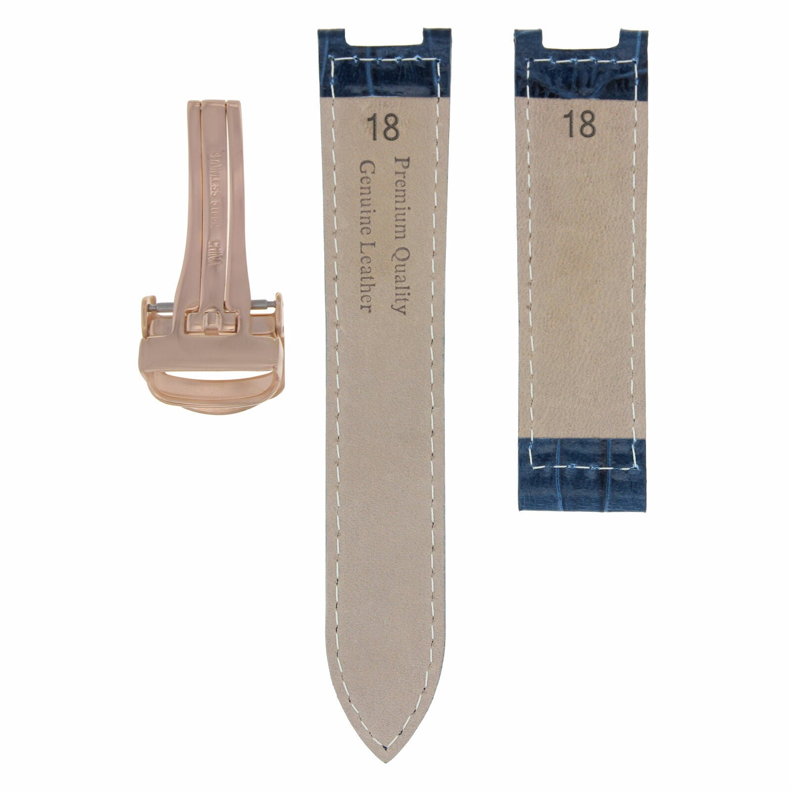 LEATHER BAND STRAP DEPLOYMENT CLASP FIT FOR CARTIER PASHA 2324 18MM BLUE ROSE