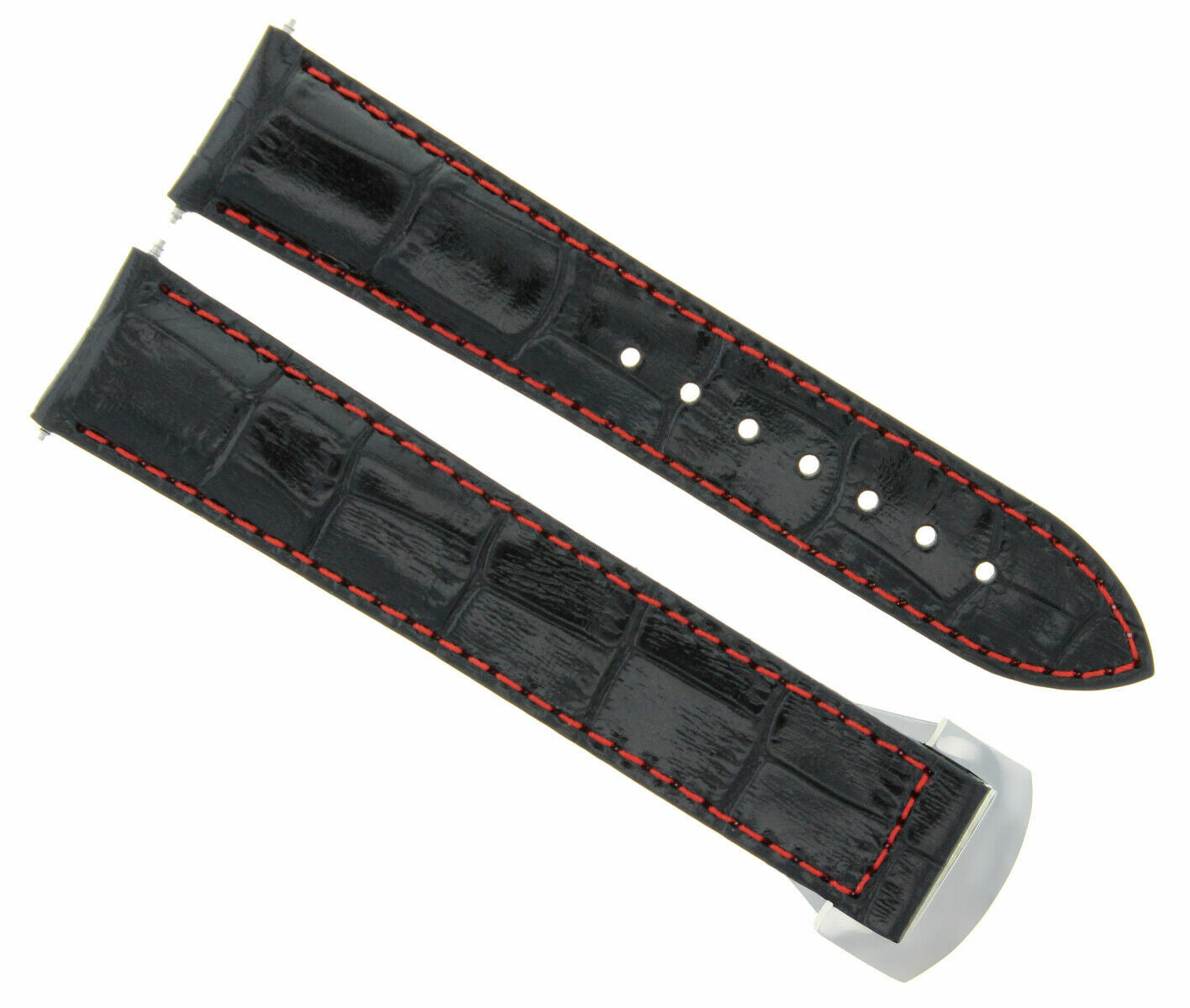 LEATHER STRAP BAND CLASP FOR 20MM OMEGA SEAMASTER PLANET OCEAN BLACK RED STITCH