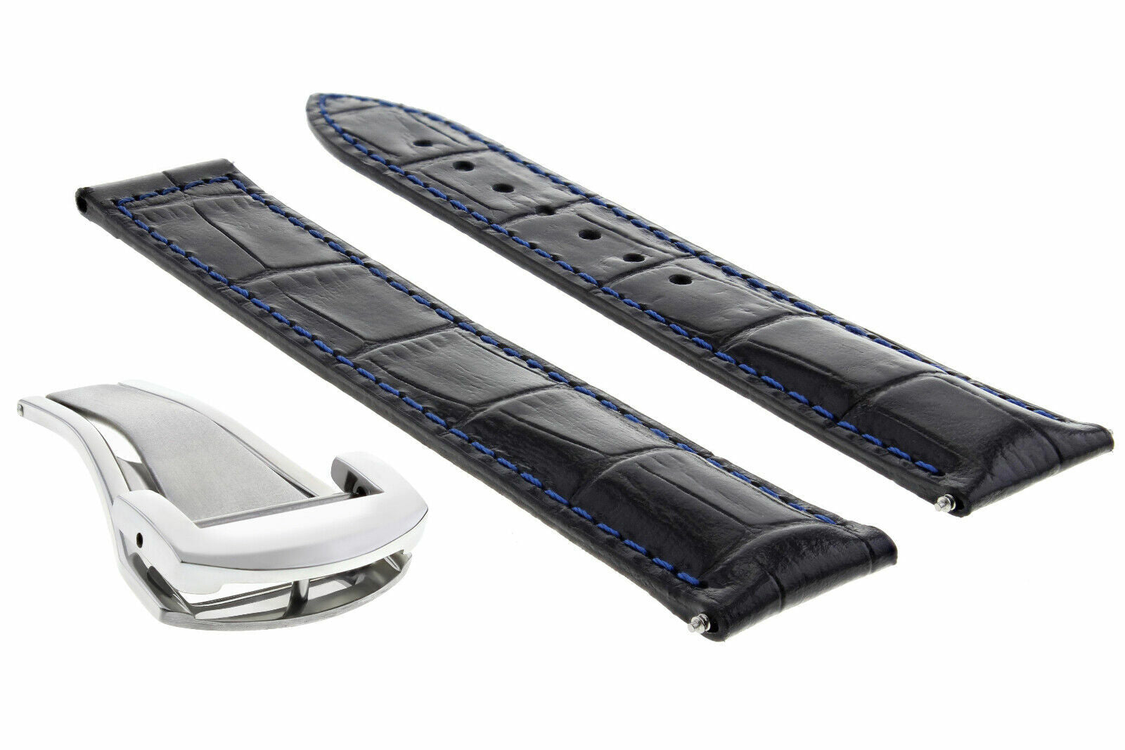 20MM LEATHER STRAP BAND FOR 41MM OMEGA SEAMASTER PLANET OCEAN BLACK BLUE STITCH