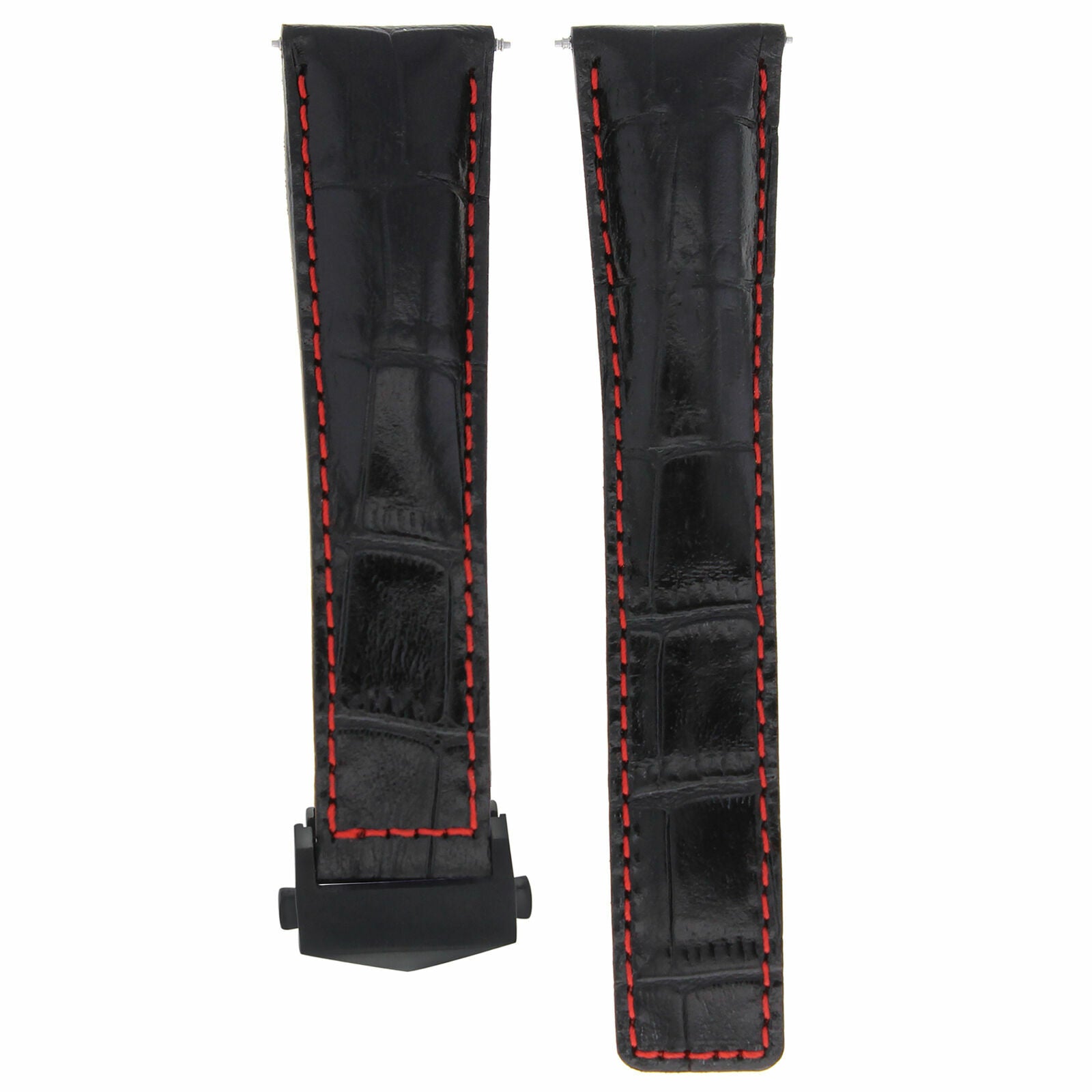 22MM LEATHER STRAP BAND CLASP FOR TAG HEUER CARRERA CALIBRE 36 BLACK RED STITCH