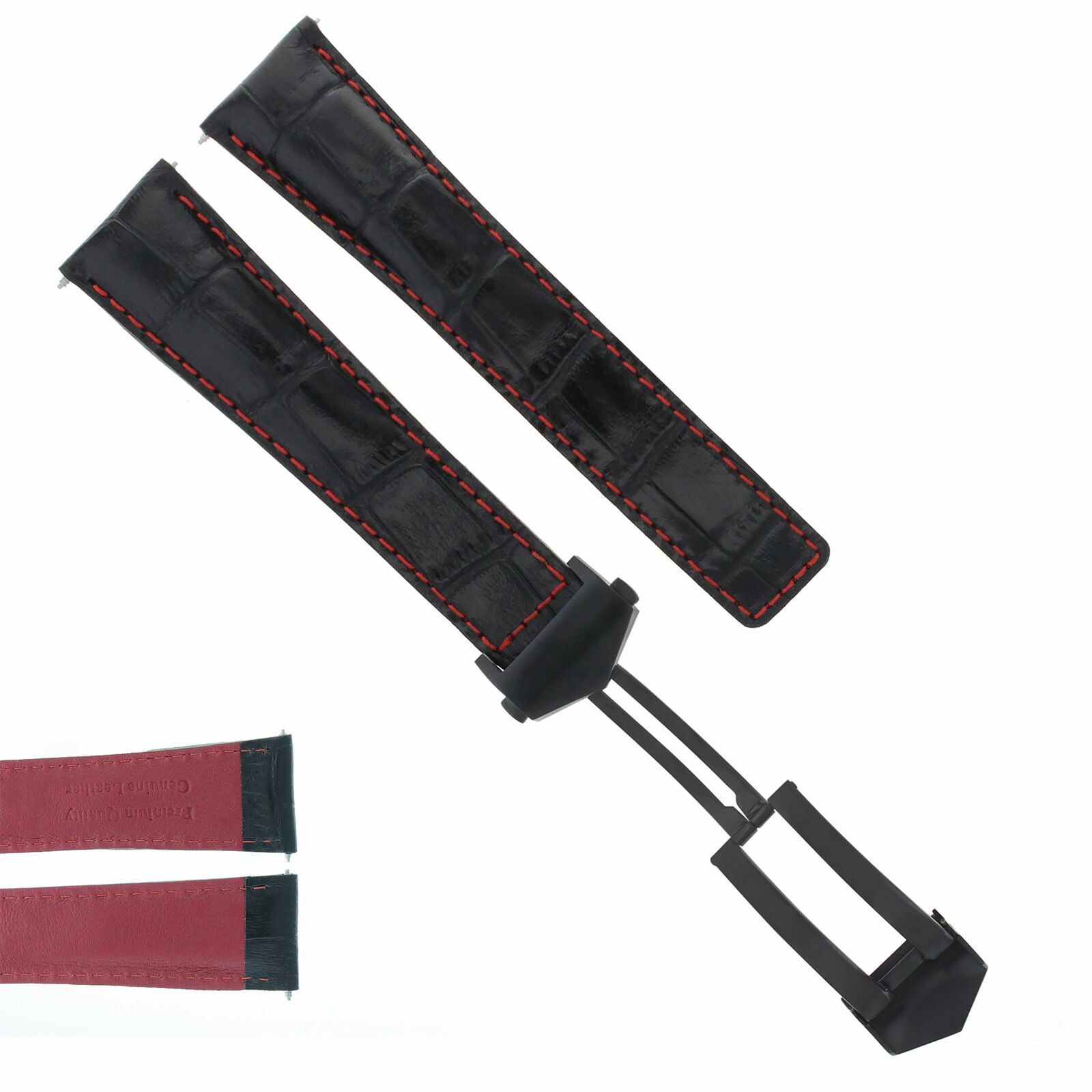 22MM LEATHER STRAP BAND CLASP FOR TAG HEUER CARRERA CALIBRE 36 BLACK RED STITCH