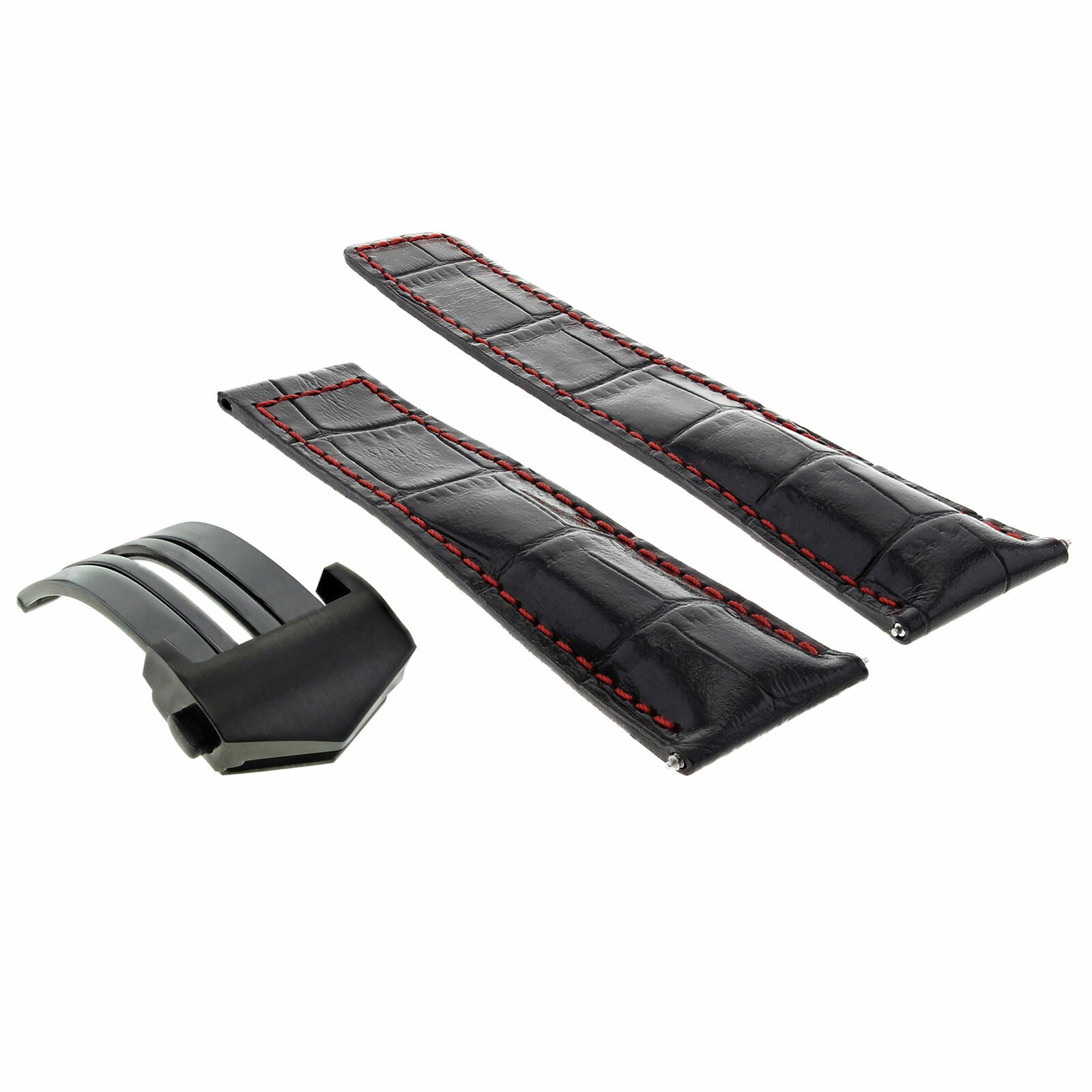 22MM LEATHER STRAP BAND CLASP FOR TAG HEUER CARRERA CALIBRE 36 BLACK RED STITCH