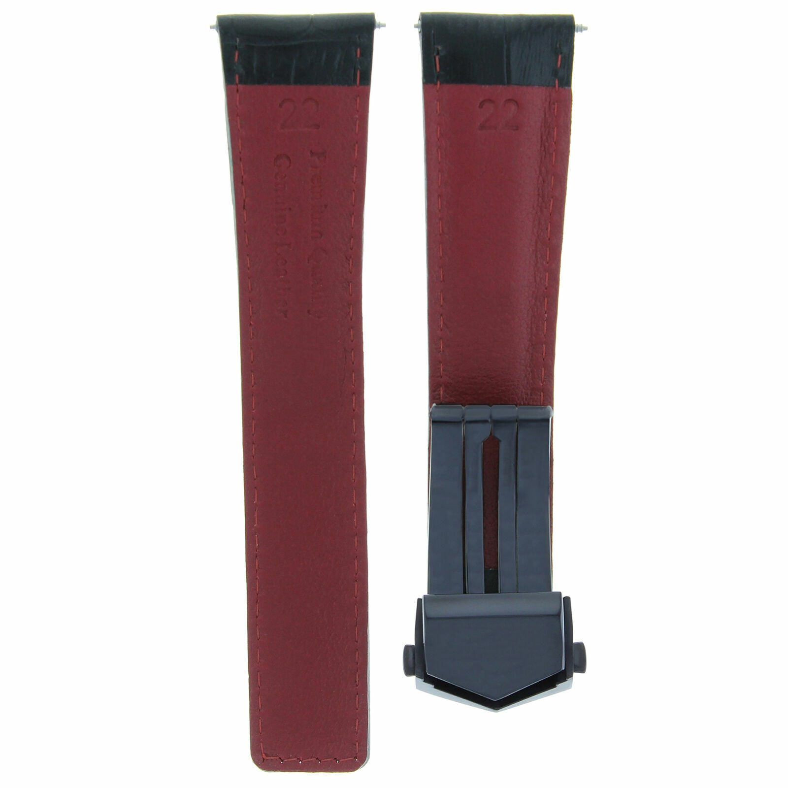 22MM LEATHER STRAP BAND CLASP FOR TAG HEUER CARRERA CALIBRE 36 BLACK RED STITCH