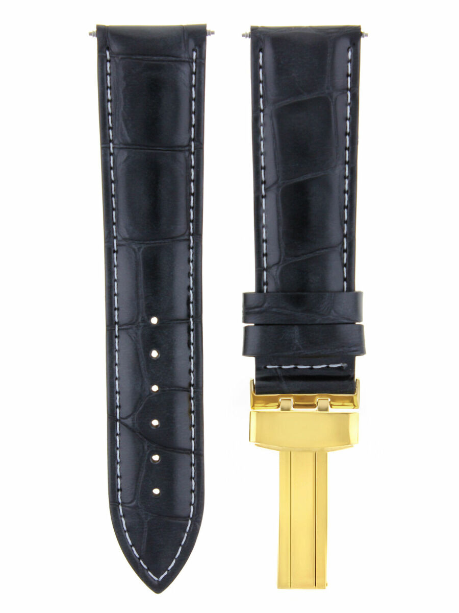 18MM LEATHER WATCH BAND STRAP FOR ROLEX WATCH DEPLOYMENT CLASP BLACK GOLD