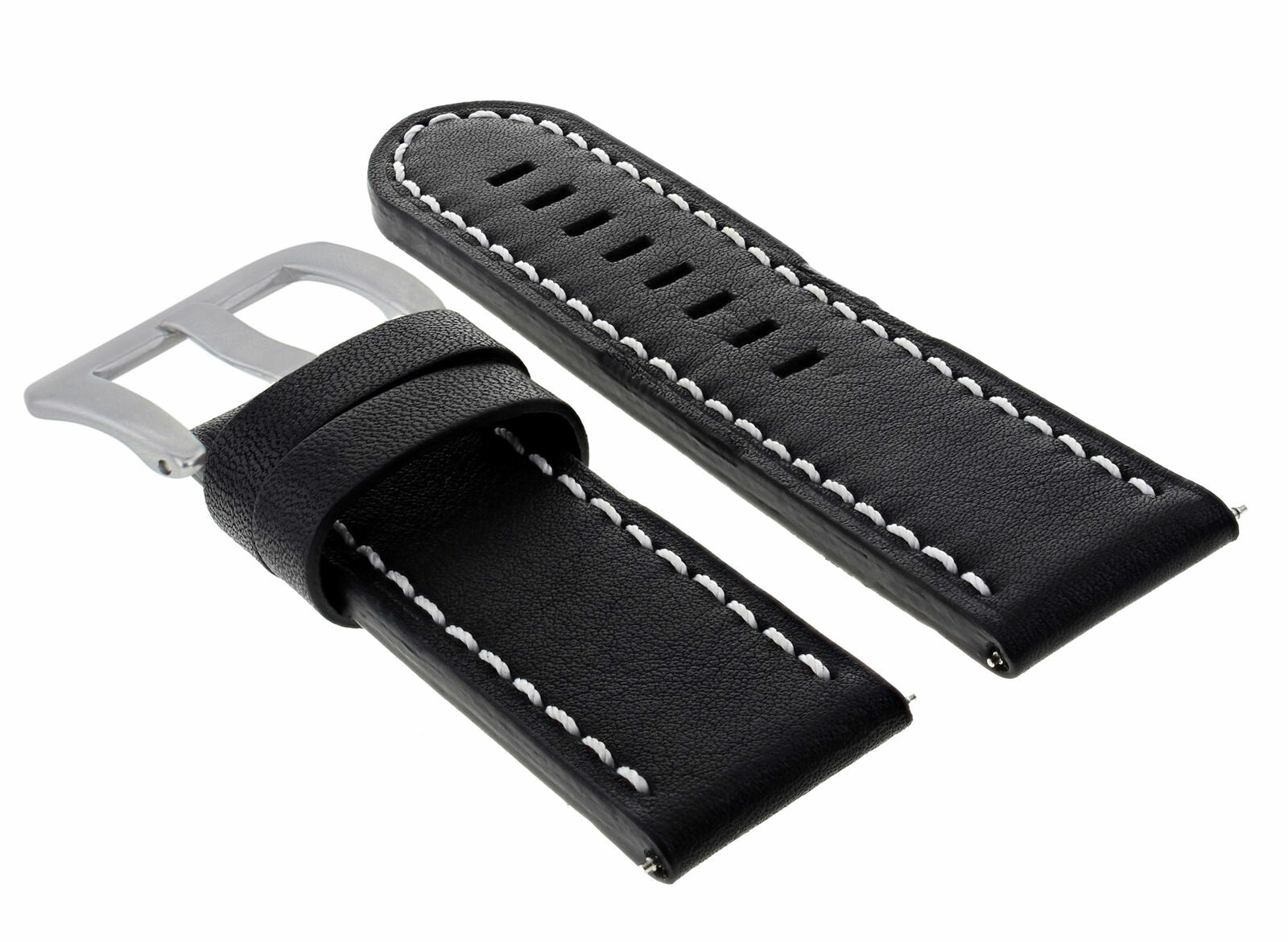 24MM COW LEATHER WATCH BAND STRAP FOR LUM TEC M51, M47 BLACK WHITE STITCHING