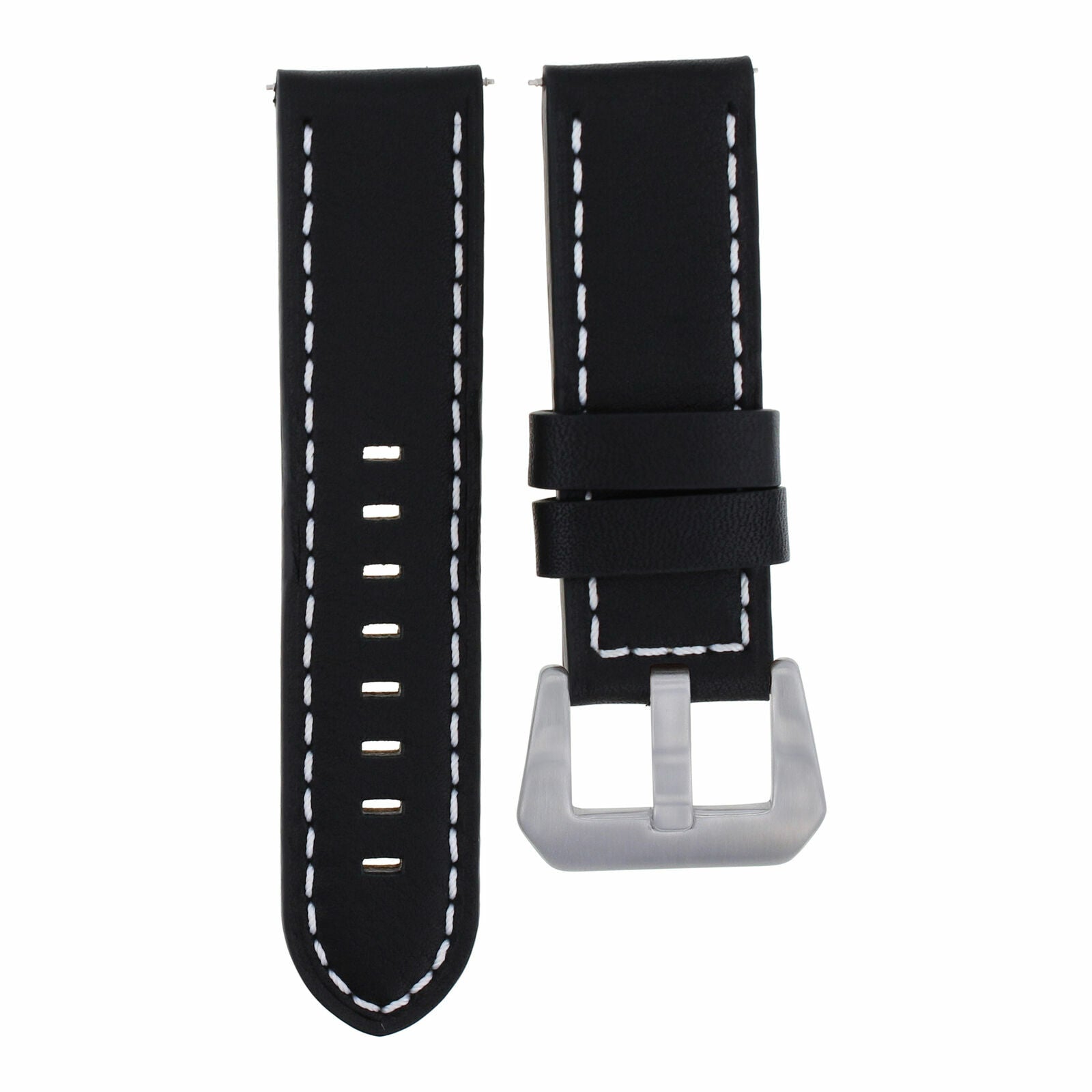 24MM COW LEATHER WATCH BAND STRAP FOR LUM TEC M51, M47 BLACK WHITE STITCHING