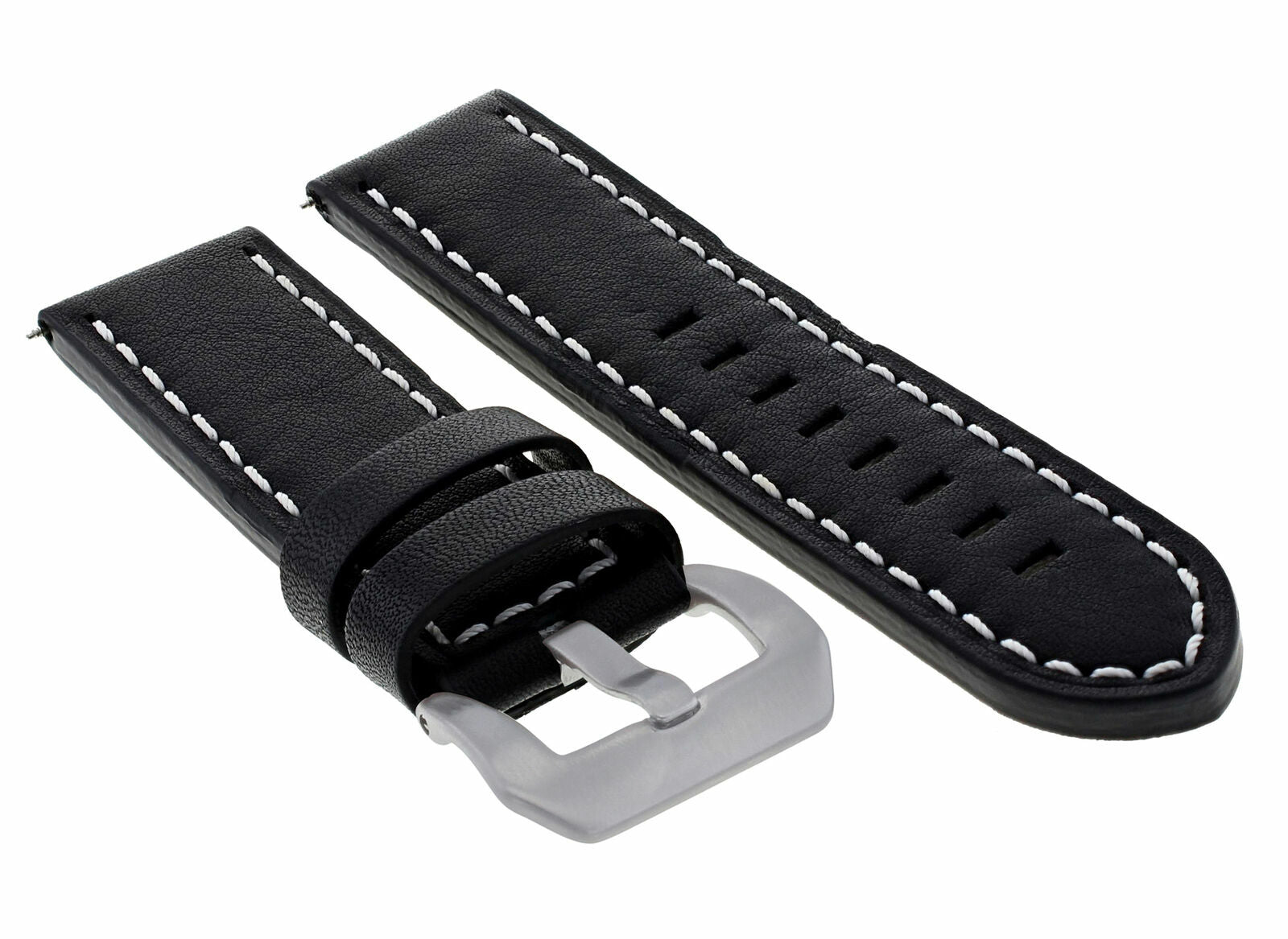 24MM COW LEATHER WATCH BAND STRAP FOR LUM TEC M51, M47 BLACK WHITE STITCHING