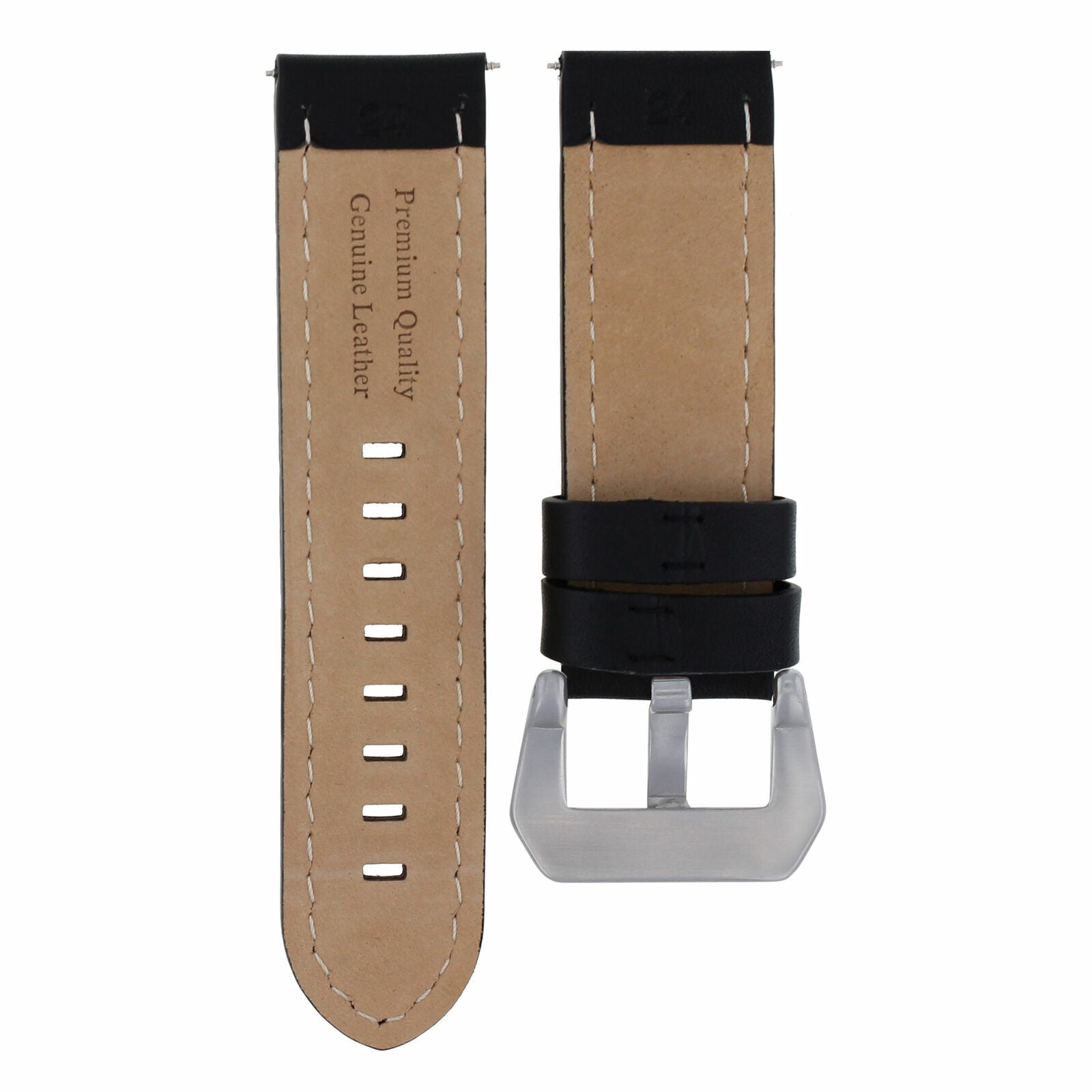 24MM COW LEATHER WATCH BAND STRAP FOR LUM TEC M51, M47 BLACK WHITE STITCHING