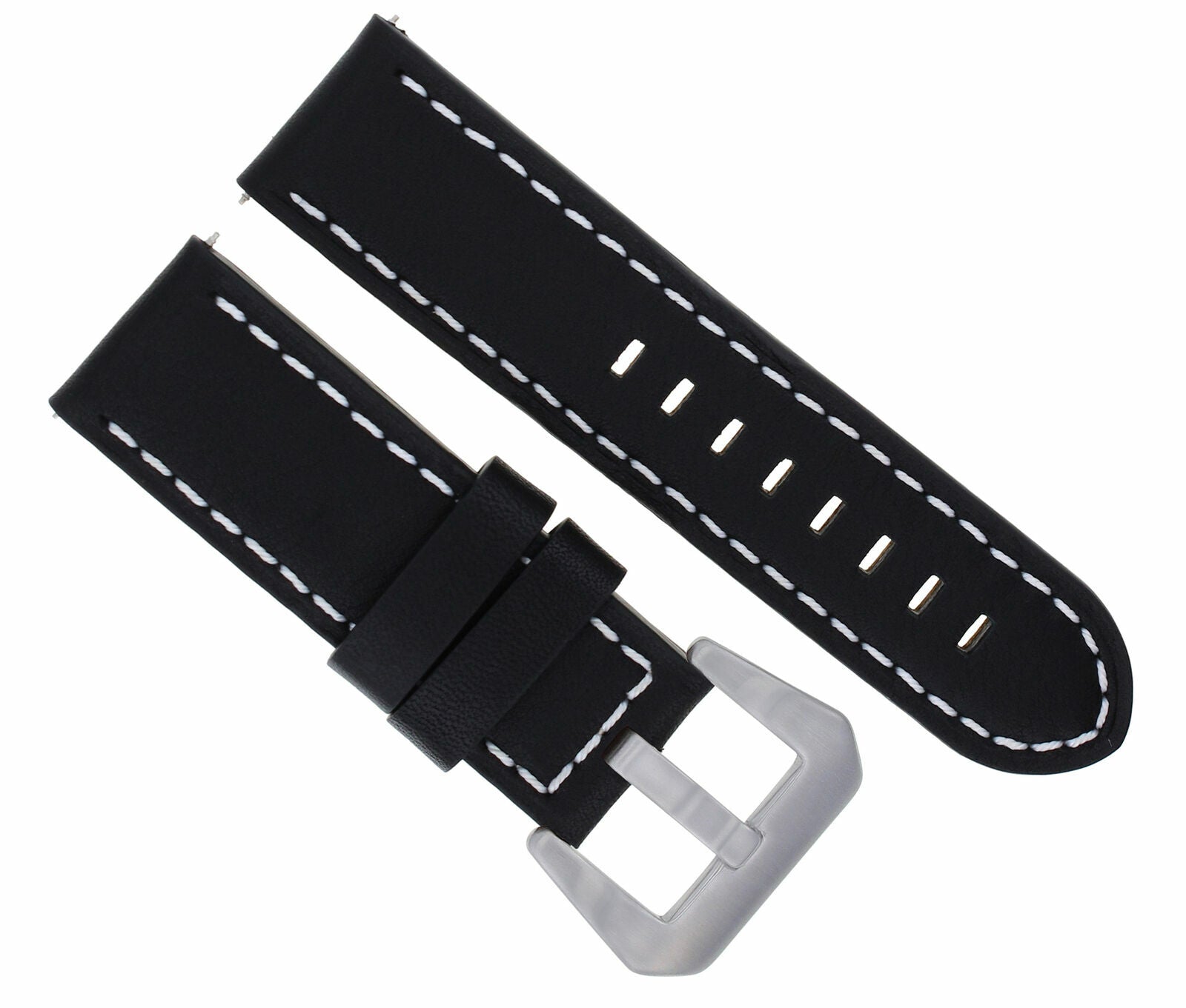 24MM COW LEATHER WATCH BAND STRAP FOR LUM TEC M51, M47 BLACK WHITE STITCHING