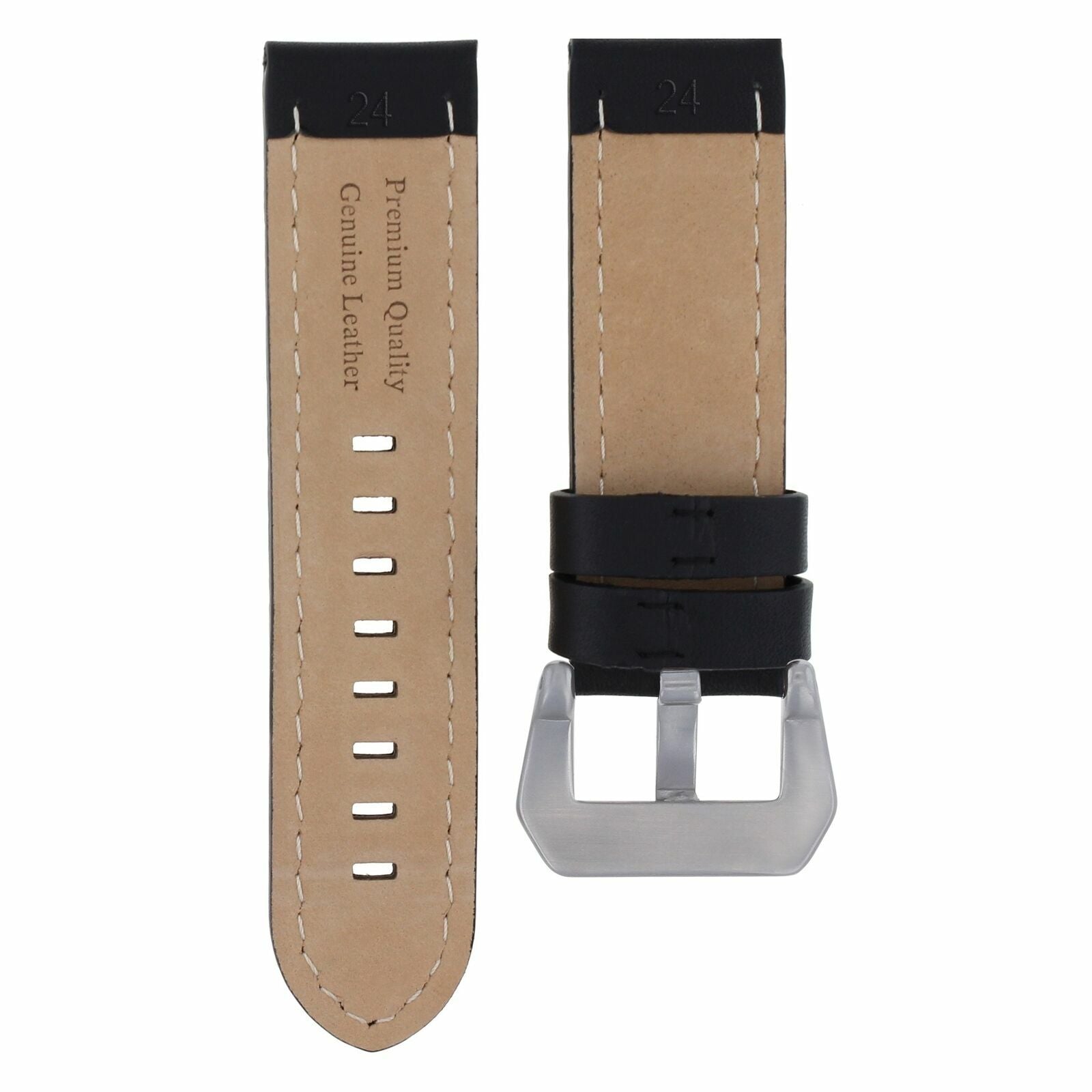 24MM LEATHER WATCH BAND STRAP FOR MENS LUM TEC WATCH BLACK ORANGE STITCH LONG