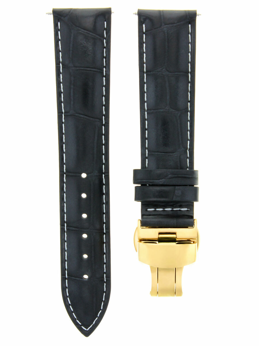 20MM LEATHER WATCH BAND STRAP DEPLOYMENT CLASP FOR LONGINES WATCH BLACK WS GOLD