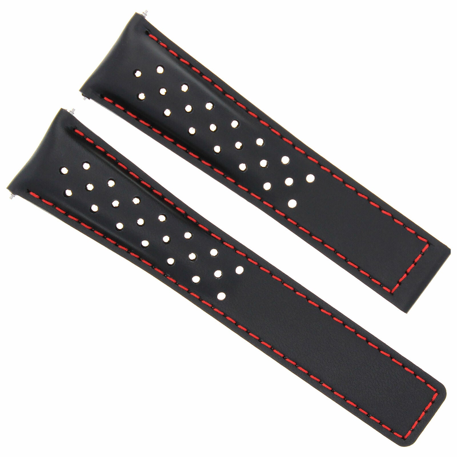 LEATHER BAND STRAP CLASP 19MM FOR TAG HEUER CARRERA WV2115 BLACK RED STITCH