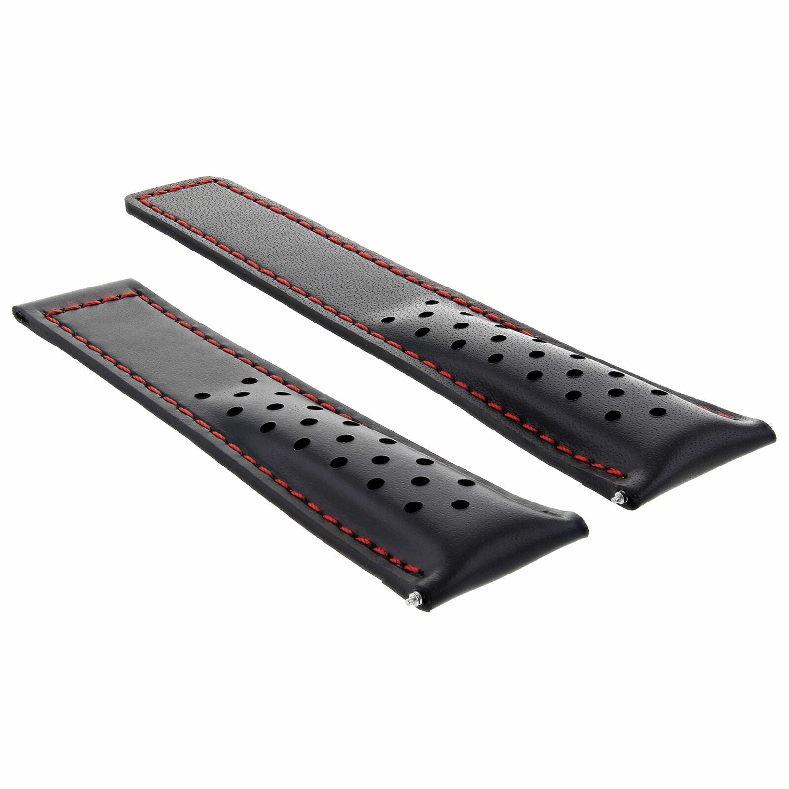LEATHER BAND STRAP CLASP 19MM FOR TAG HEUER CARRERA WV2115 BLACK RED STITCH