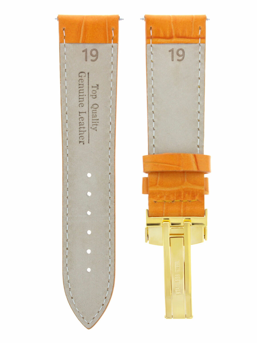 19MM LEATHER STRAP BAND FOR LONGINES WATCH DEPLOYMENT CLASP ORANGE GOLD