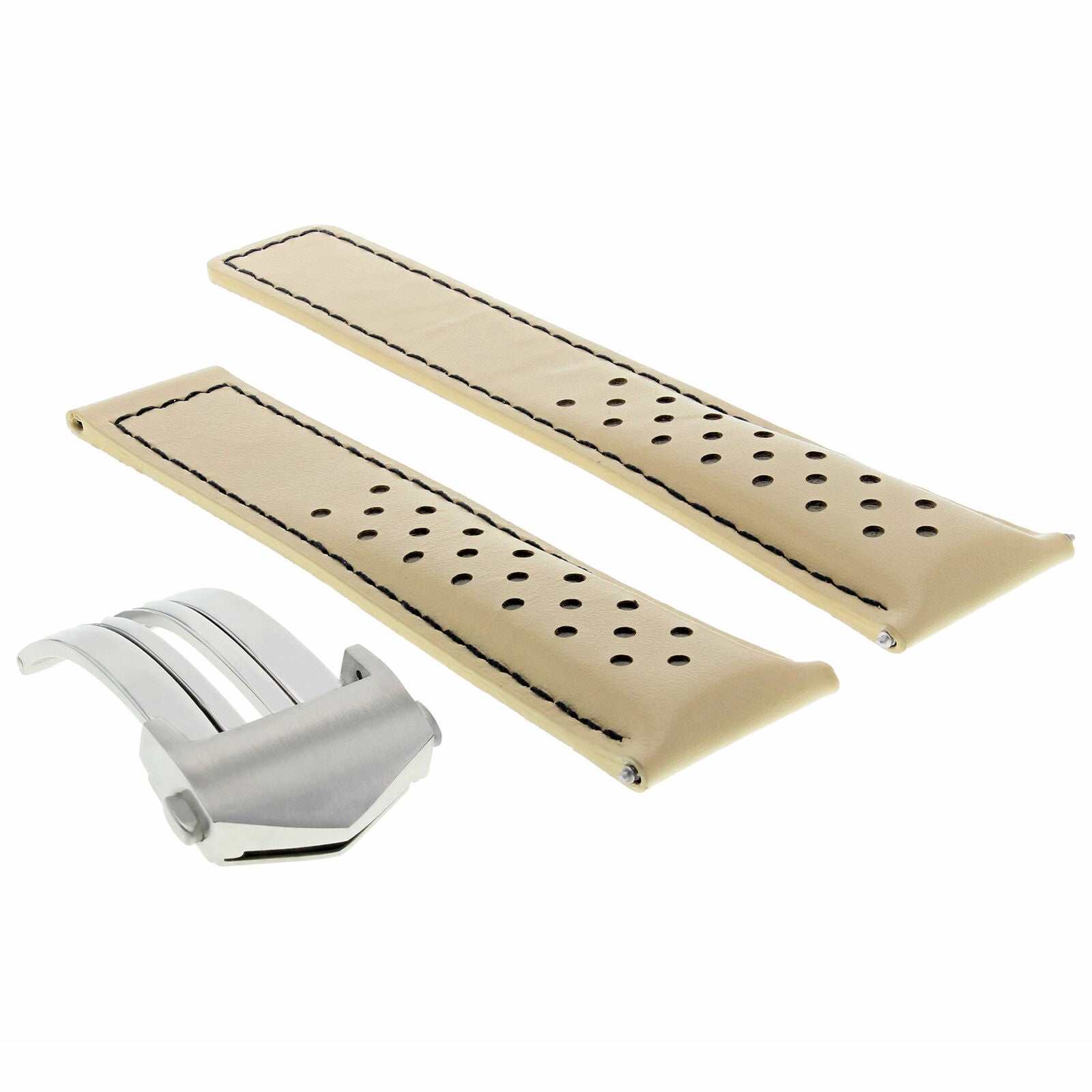 LEATHER WATCH BAND 19MM FOR TAG HEUER CARRERA DEPLOY CLASP BEIGE BK PERFORAT