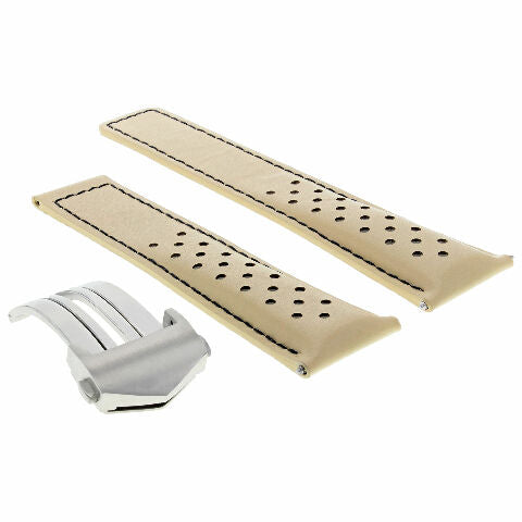 LEATHER WATCH BAND 19MM FOR TAG HEUER CARRERA DEPLOY CLASP BEIGE BK PERFORAT