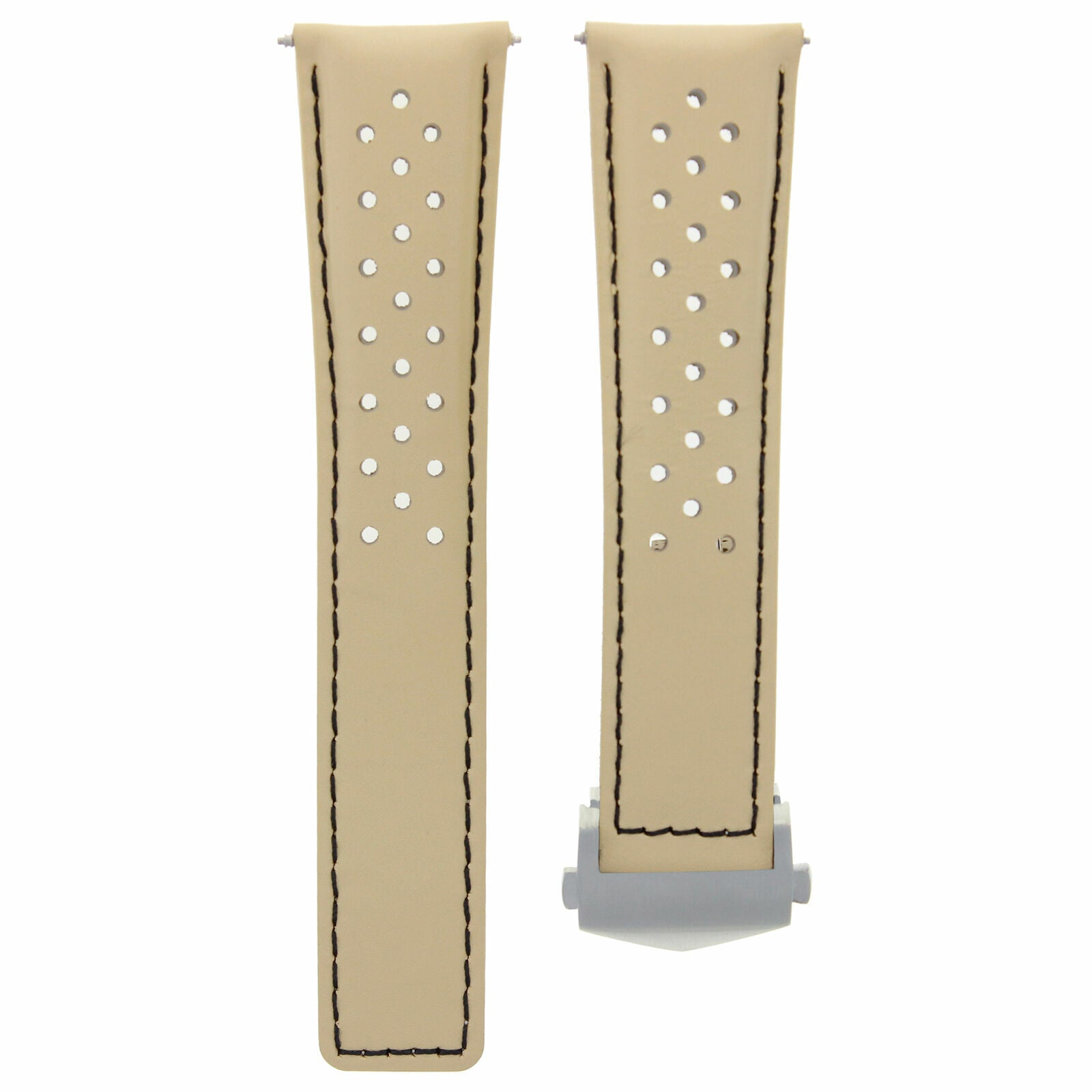LEATHER WATCH BAND 19MM FOR TAG HEUER CARRERA DEPLOY CLASP BEIGE BK PERFORAT