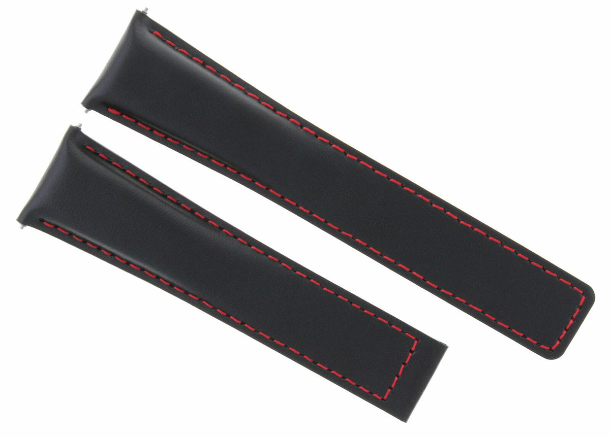 20/16MM LEATHER WATCH STRAP BAND UNIVERSAL MADE WITH GENUINE ITALIAN LEATHER, Black with Red Stitching