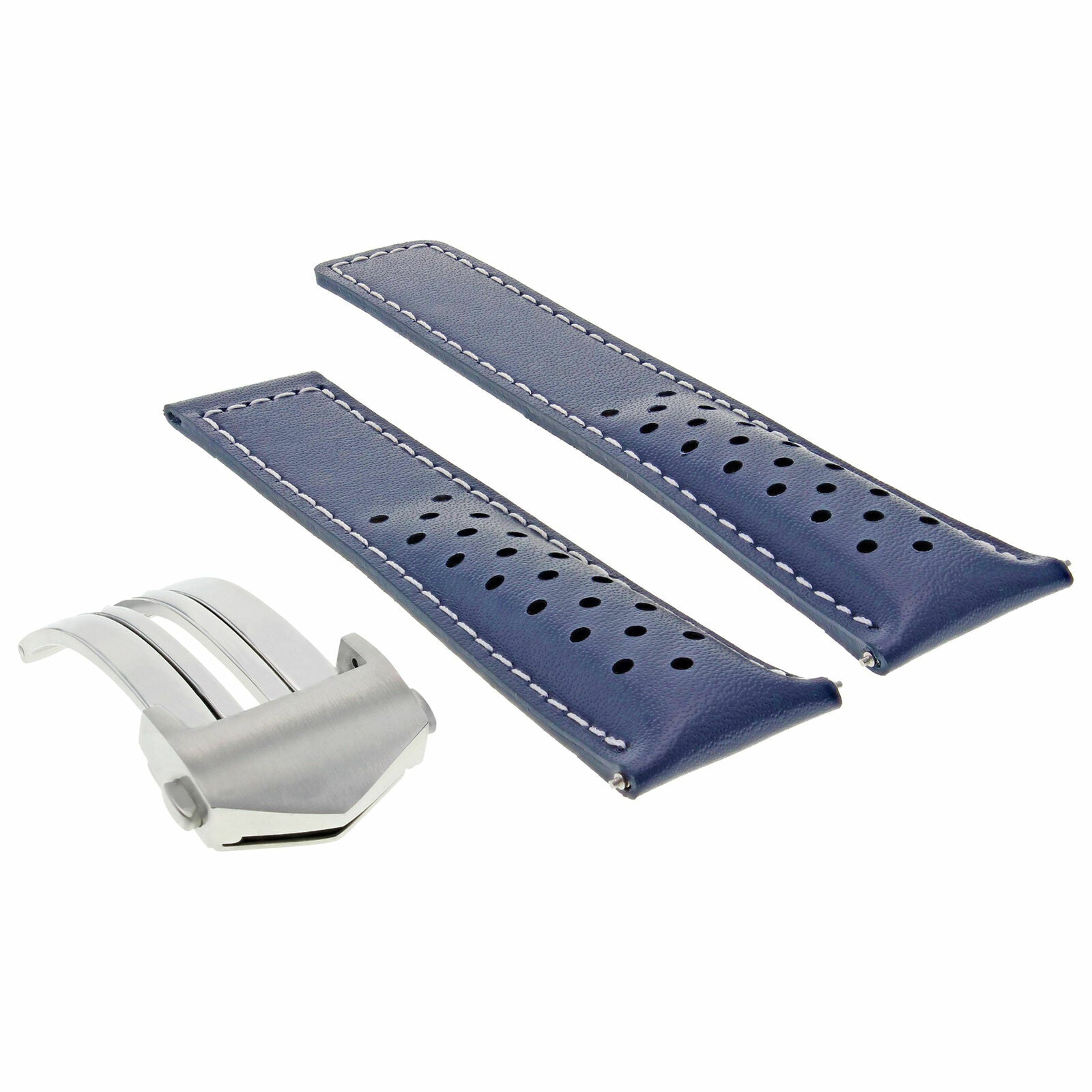 LEATHER WATCH STRAP DEPLOYMENT 19MM FOR TAG CARRERA WV211B BLUE WS PERFORAT