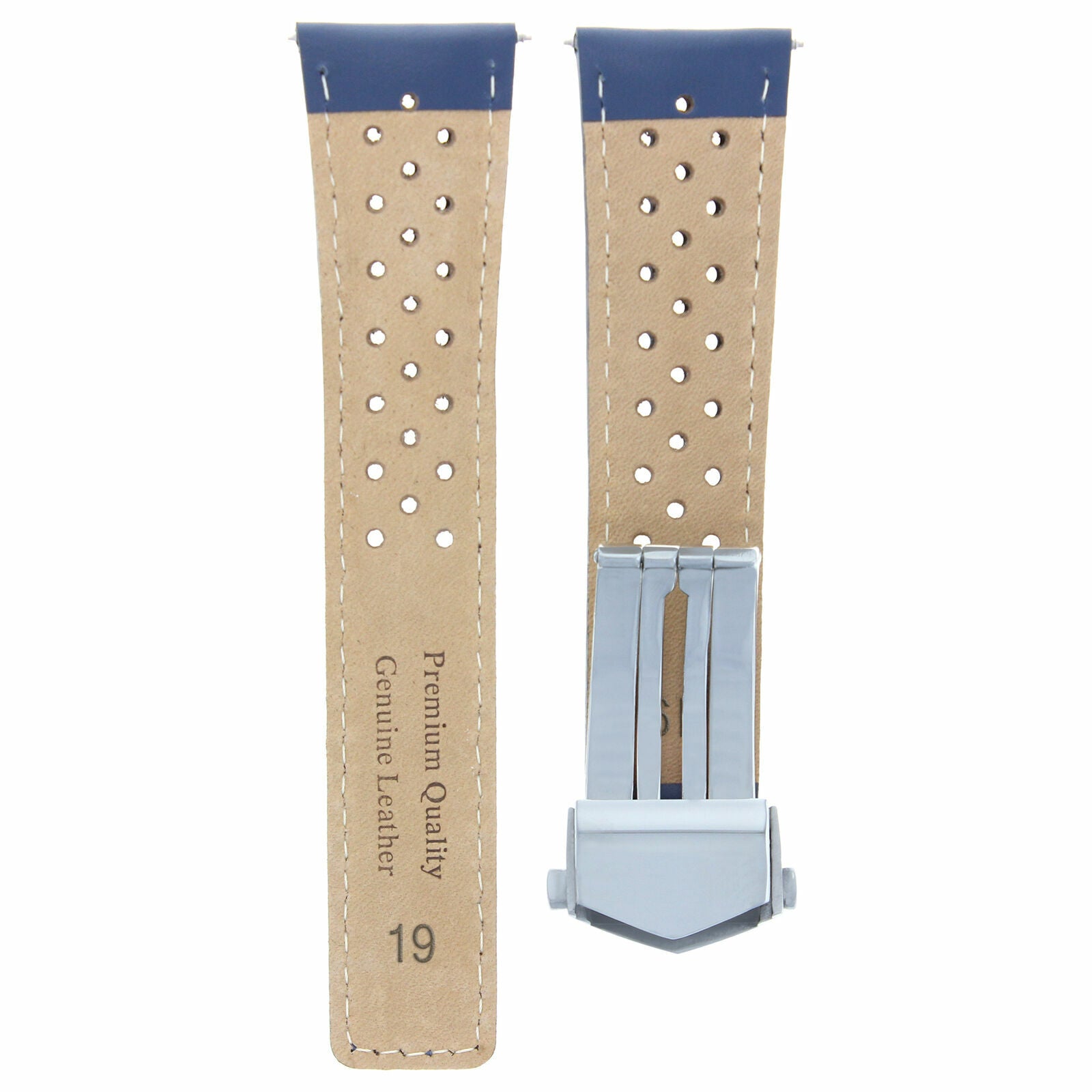 19MM LEATHER WATCH BAND SMOOTH STRAP FOR TAG HEUER CARRERA TWIN BLUE OS PERFORAT