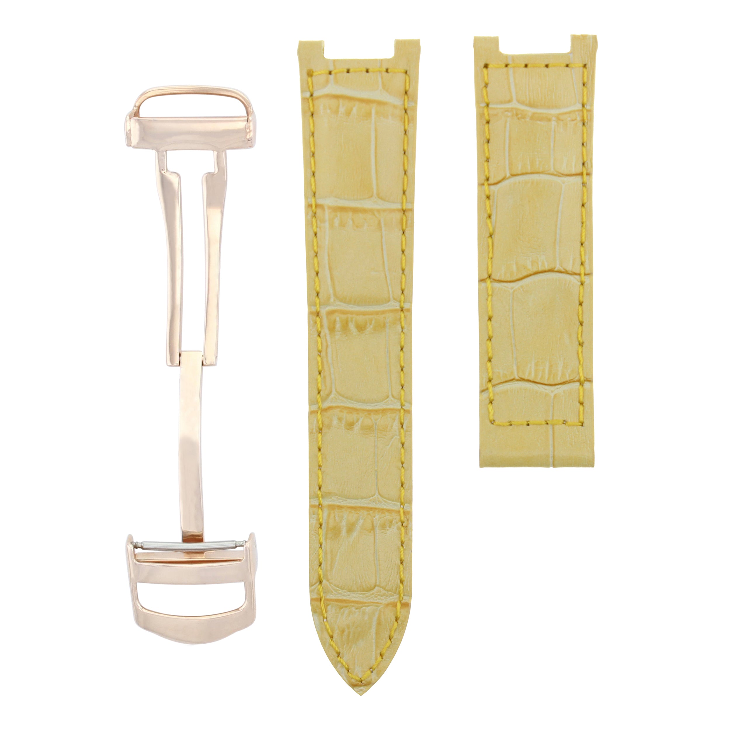 LEATHER WATCH STRAP BAND FIT PASHA DE CARTIER 20MM YELLOW DEPLOY CLASP ROSE