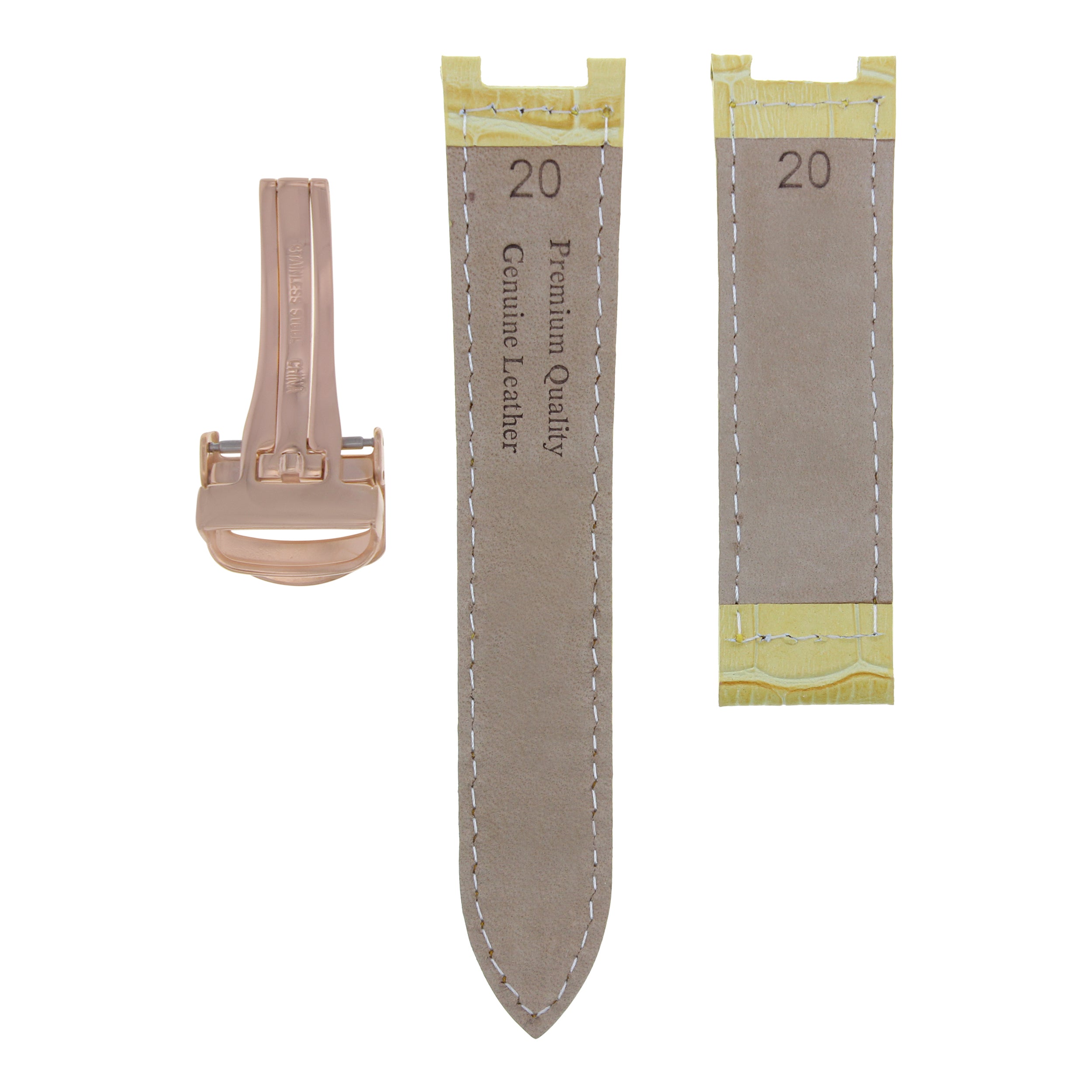 LEATHER WATCH STRAP BAND FIT PASHA DE CARTIER 20MM YELLOW DEPLOY CLASP ROSE