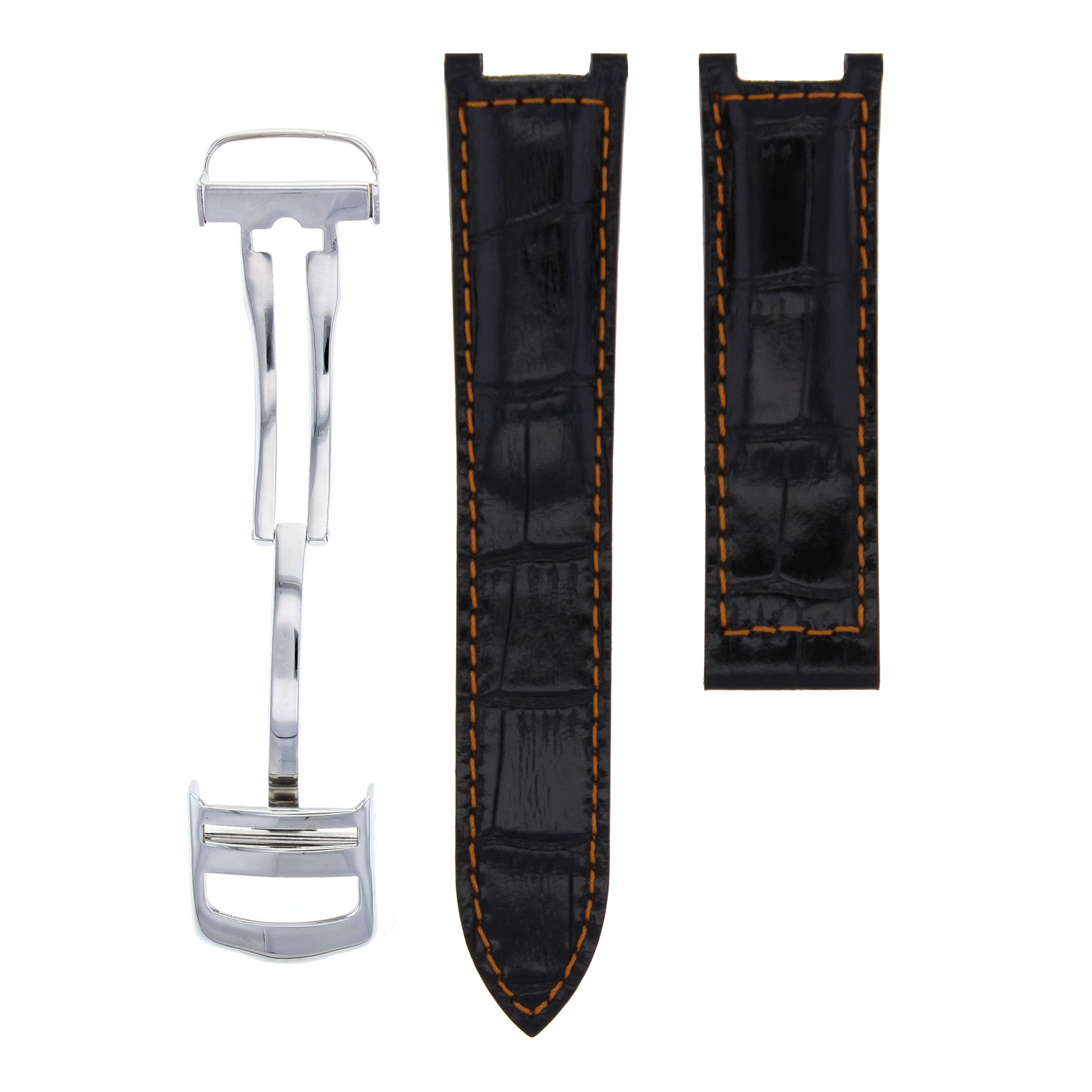 20MM LEATHER STRAP BAND DEPLOYMENT CLASP FIT CARTIER PASHA WATCH BLACK OS STEEL