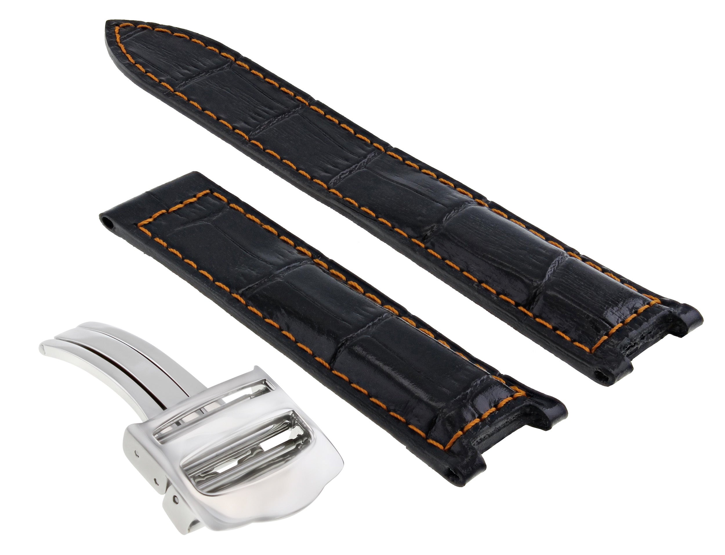 20MM LEATHER STRAP BAND DEPLOYMENT CLASP FIT CARTIER PASHA WATCH BLACK OS STEEL