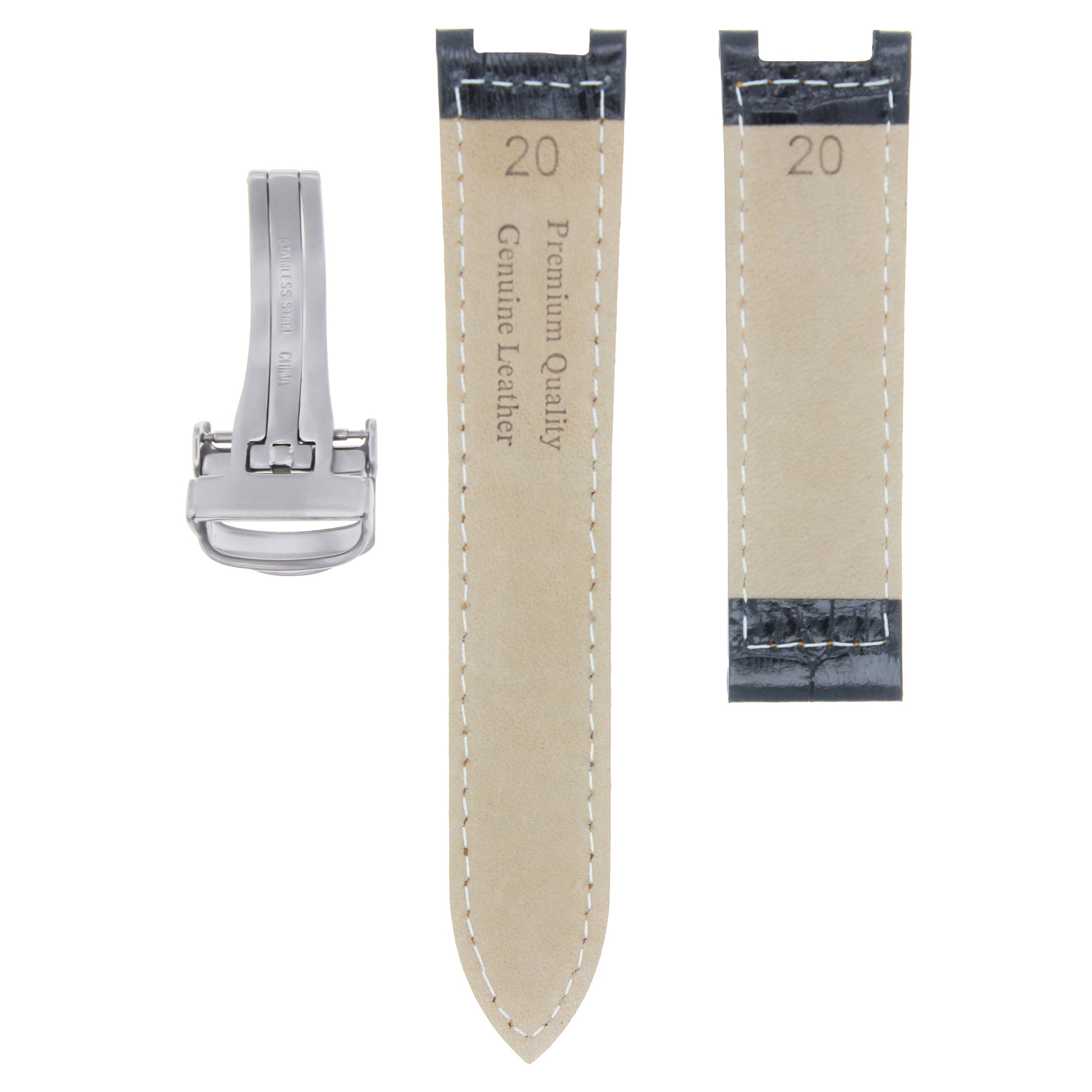 20MM LEATHER STRAP BAND DEPLOYMENT CLASP FIT CARTIER PASHA WATCH BLACK OS STEEL