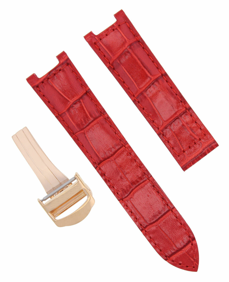 LEATHER WATCH STRAP BAND DEPLOY CLASP FOR 35MM CARTIER PASHA WATCH 18MM RED ROSE