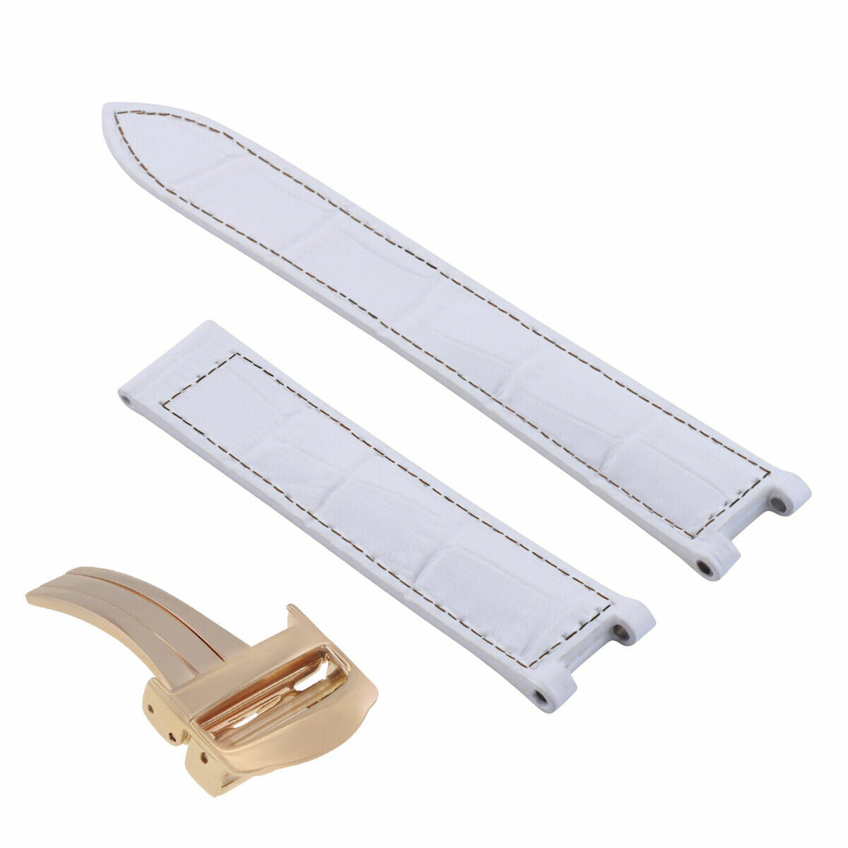LEATHER STRAP BAND FOR CARTIER PASHA 2324 WATCH WHITE 18MM DEPLOYMENT CLASP ROSE