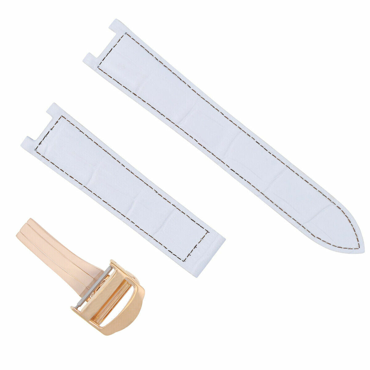 LEATHER STRAP BAND FOR CARTIER PASHA 2324 WATCH WHITE 18MM DEPLOYMENT CLASP ROSE