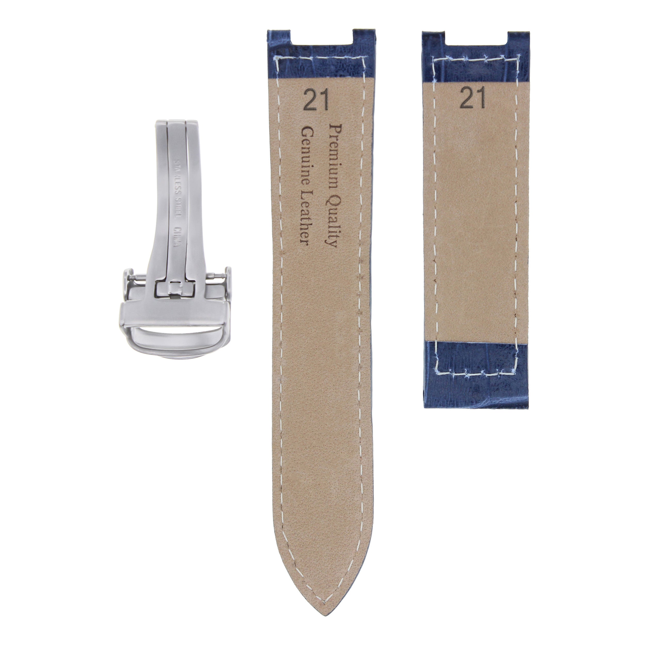 LEATHER WATCH STRAP BAND FIT 42MM CARTIER PASHA 2863 WATCH 21MM + CLASP BLUE