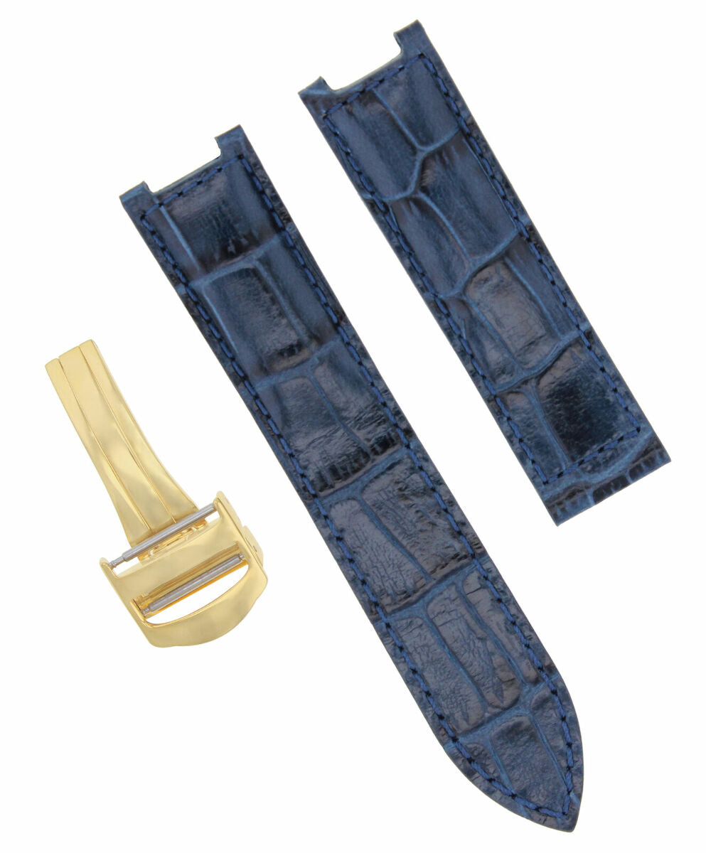21MM LEATHER STRAP BAND FIT 42MM CARTIER PASHA WATCH DEPLOYMENT CLASP BLUE GOLD