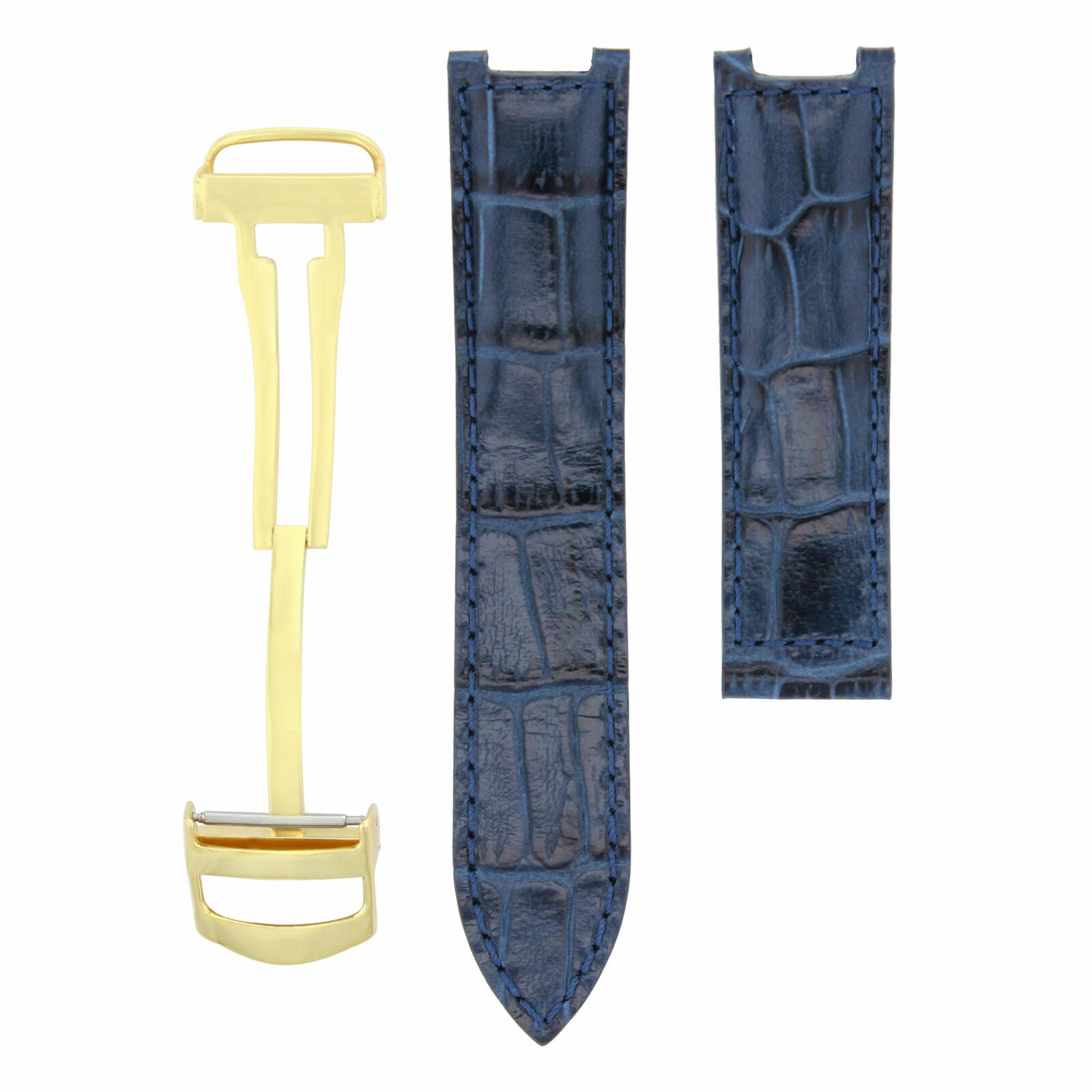 21MM LEATHER STRAP BAND FIT 42MM CARTIER PASHA WATCH DEPLOYMENT CLASP BLUE GOLD