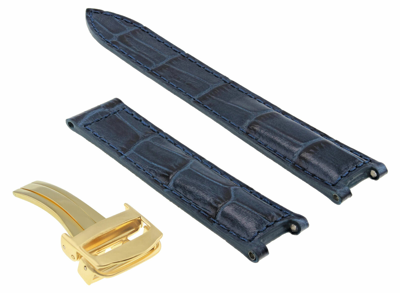 21MM LEATHER STRAP BAND FIT 42MM CARTIER PASHA WATCH DEPLOYMENT CLASP BLUE GOLD