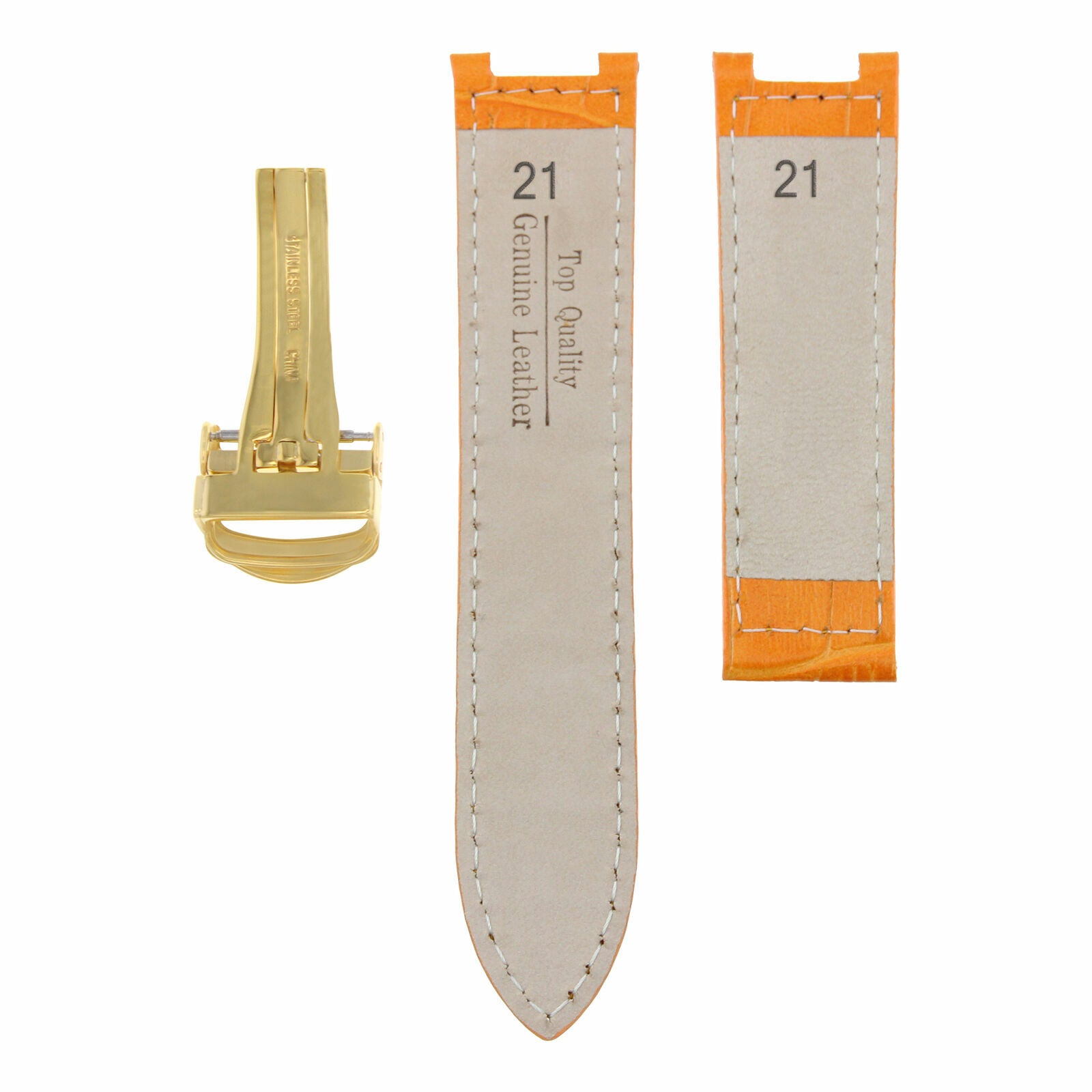 21MM LEATHER STRAP BAND CLASP FOR 42MM CARTIER PASHA 3027 2113 WATCH ORANGE GOLD